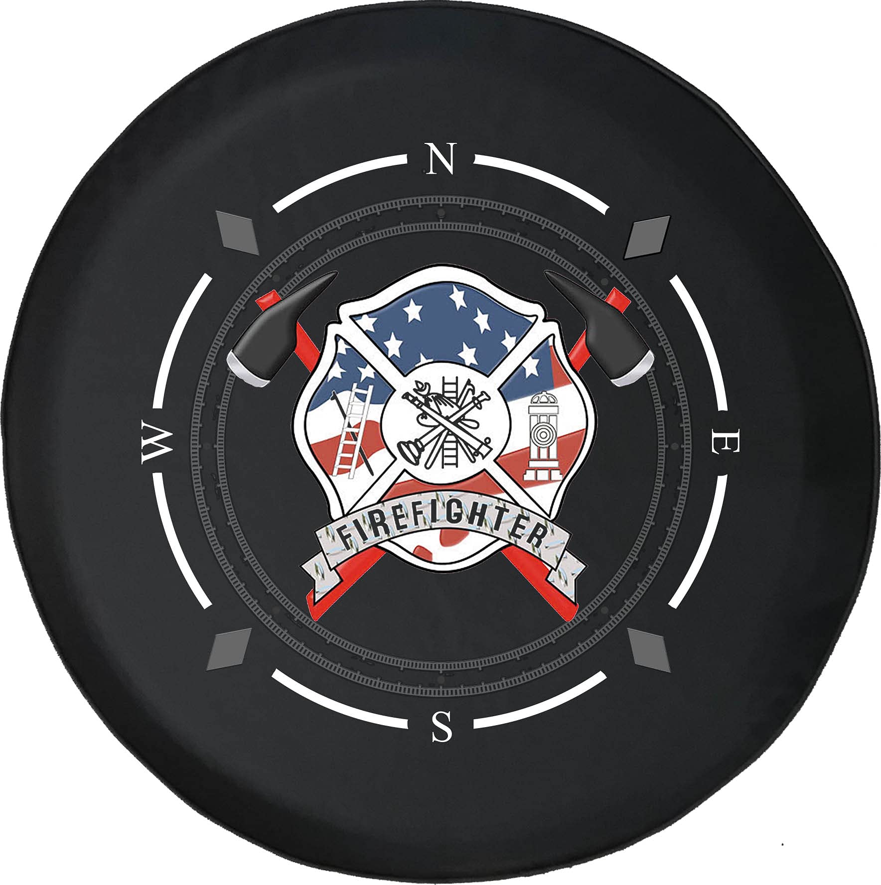 Premium Spare Tire Cover with Compass, Firefighter Seal & Axes Design - USA Flag Wheel Cover Fits SUV, Trailer, RV & Most Vehicles | Durable Outdoor Accessory for Camping, Off-Roading & Road Trips