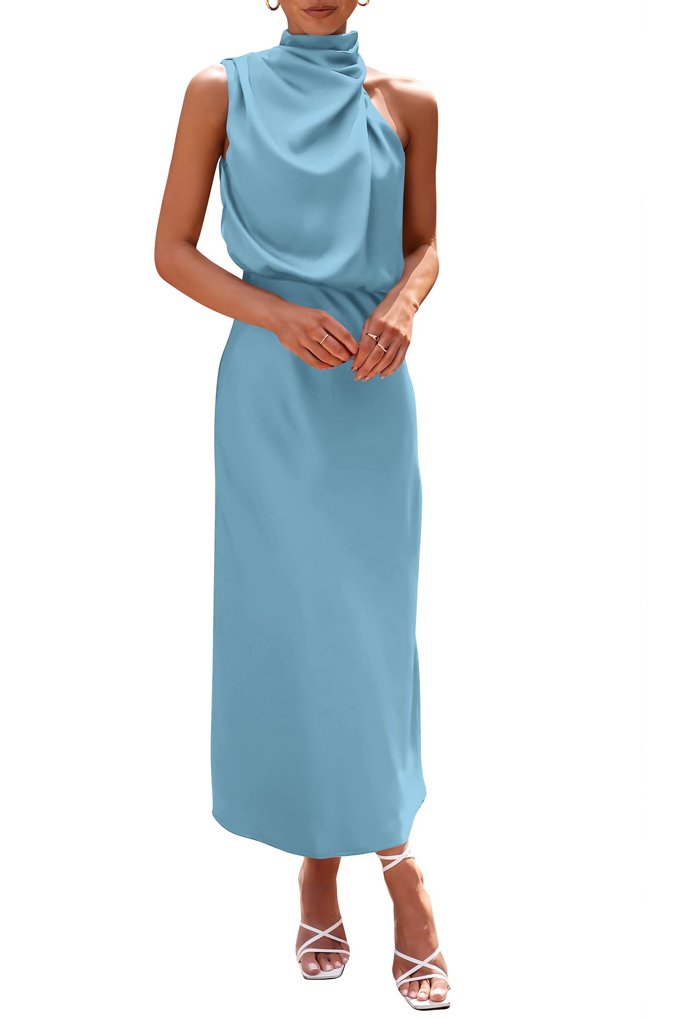PRETTYGARDEN Women's Elegant Sleeveless Satin Maxi Dress 2025 - Summer Cocktail Party Dress with Mock Neck for Weddings, Date Nights & Special Occasions