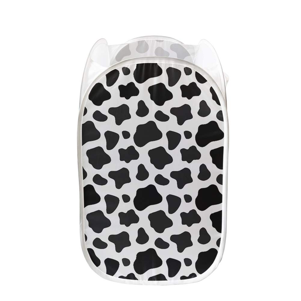 PZZ BEACH Cow Print Collapsible Laundry Basket - Foldable Mesh Pop-Up Clothes Hamper for Kids Room, Bathroom & Closet | Black & White Toy Storage Bin | Perfect for Nursery, Dorm & Travel Organization