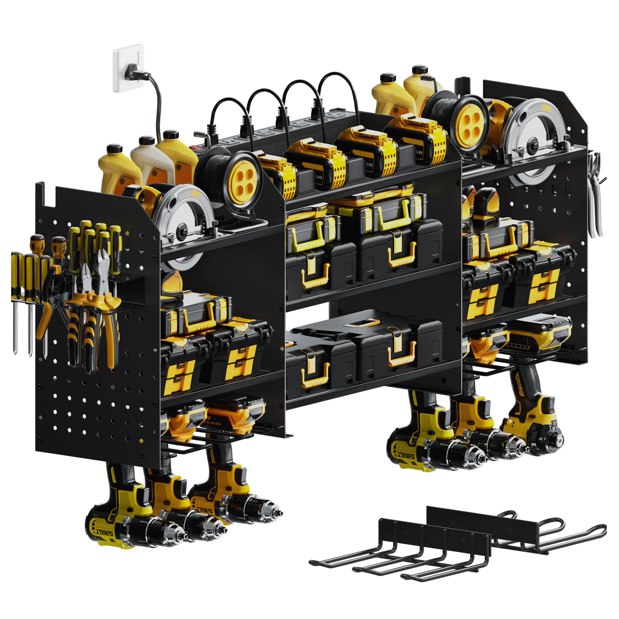 Upgrade Large Power Tool Organizer Wall Mount with Charging Station - 6.5FT Power Strip & 10 Drill Holder Storage Rack for Garage Organization | Perfect for Workshop, DIY Projects & Home Improvement