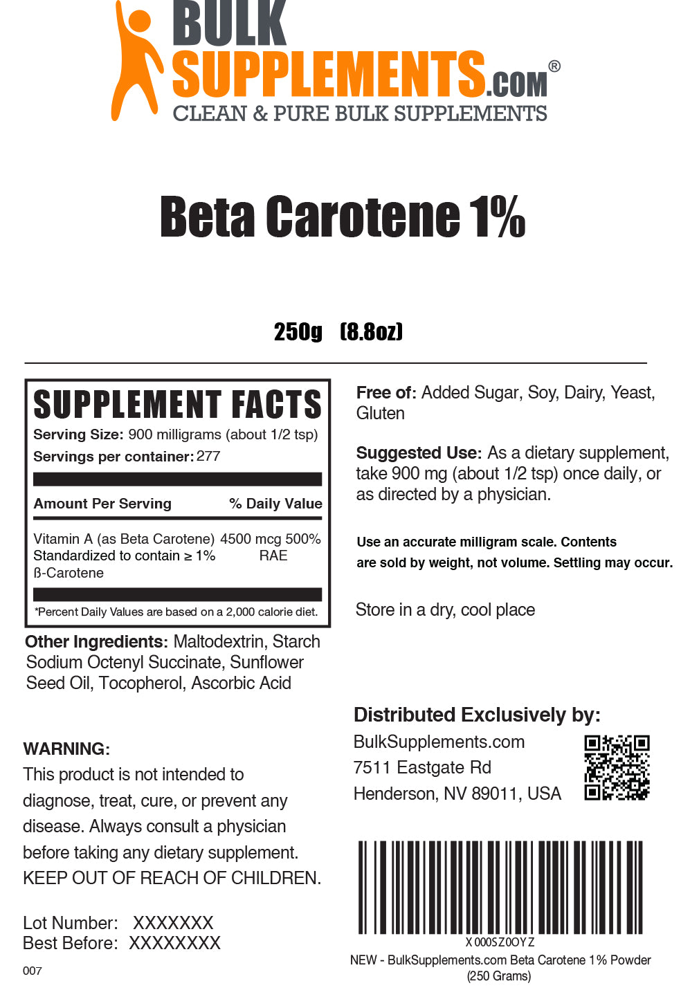 Pure Beta Carotene 1% Powder - Natural Vitamin A Supplement for Skin Health & Immunity Boost - Perfect for Smoothies, Baking & Nutritional Supplements