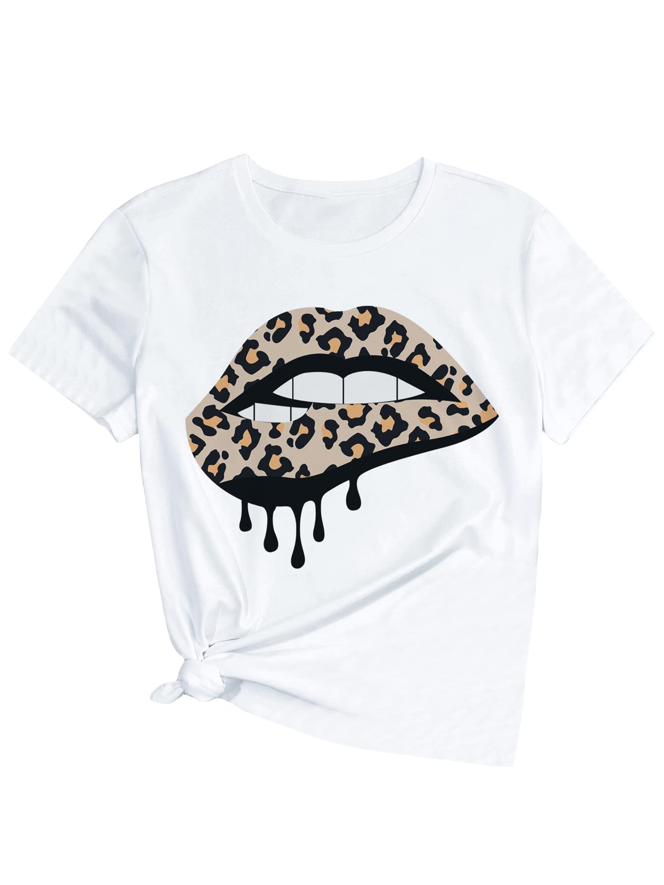 SheIn Women's Summer Casual Short Sleeve T-Shirt - Leopard Lip Print Crewneck Tee for Women | Trendy Graphic Tees for Outfits, Beachwear & Street Style Fashion