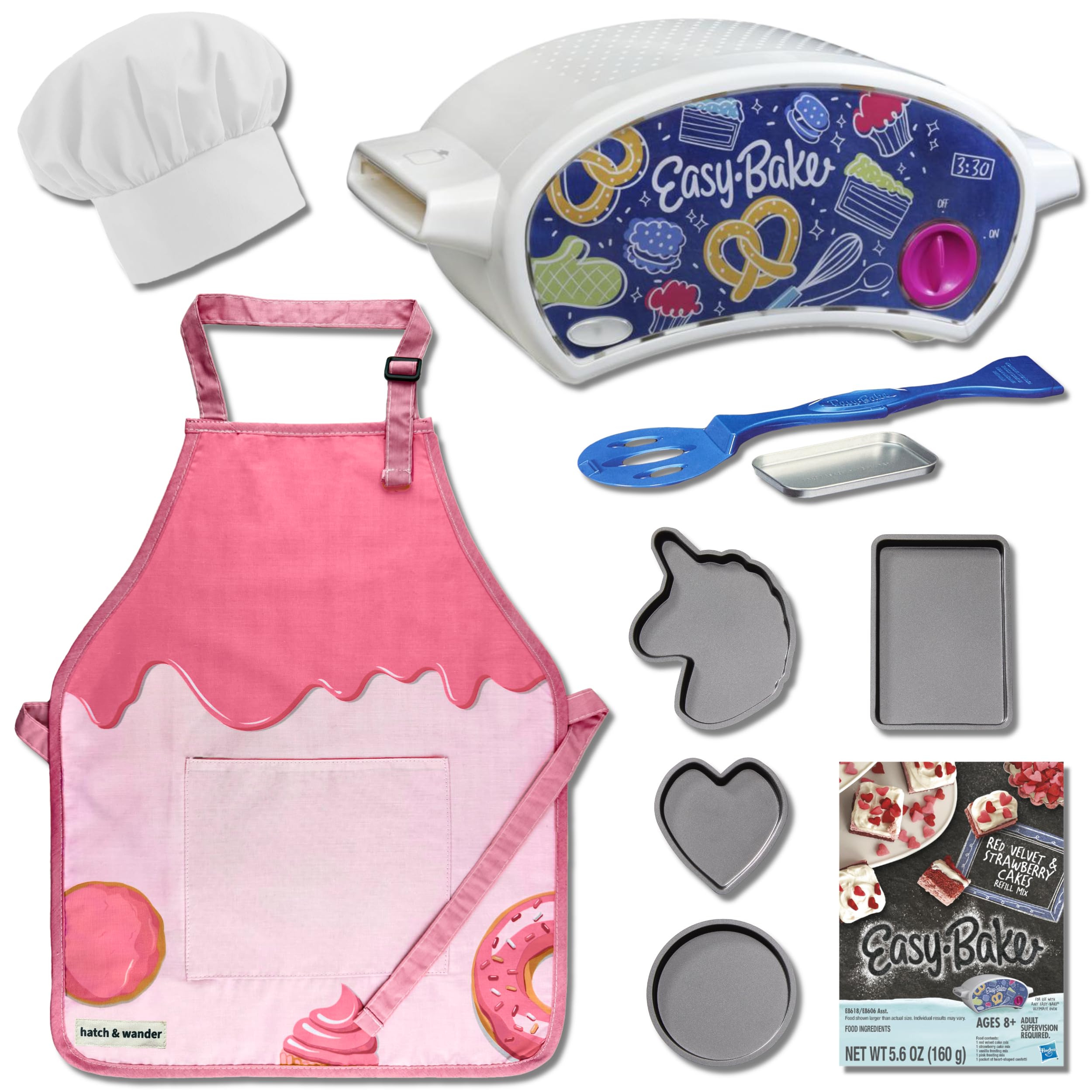 Easy Bake Oven Kit for Kids with Apron, Chef Hat & 4 Baking Pans | 3 Cute Design Options | Includes Oven Mix (Variety May Vary) | Perfect for Birthday Gifts, Baking Parties & STEM Learning Activities