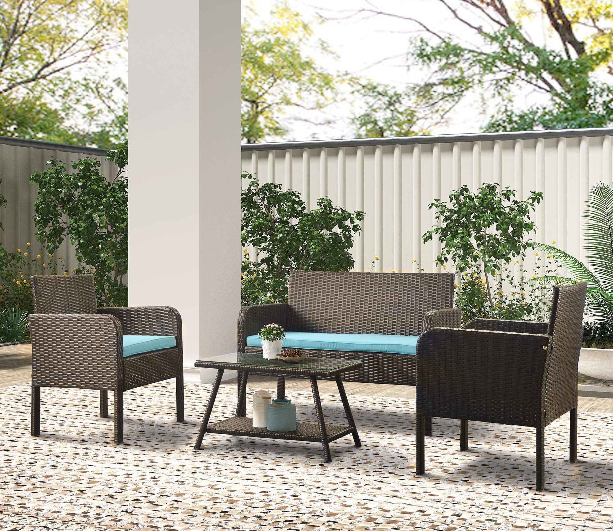 4-Piece Brown Rattan Patio Furniture Set with Cushions & Tempered Glass Table - Outdoor Wicker Sofa Seating Group for Porch, Poolside, Balcony, Garden Conversation Area