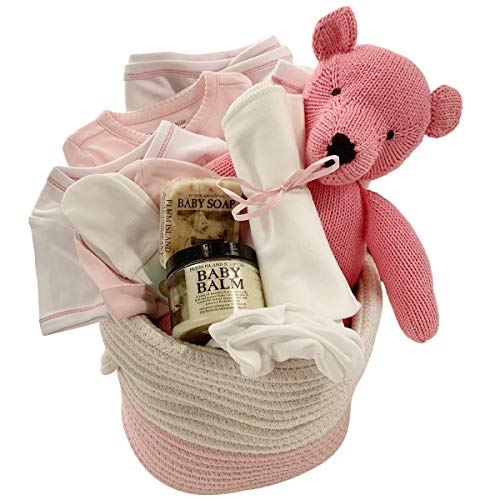Premium Organic Baby Gift Basket Set - Eco-Friendly Newborn & Infant Gifts for Baby Showers, Christening, Birthdays - Luxury Baby Care Essentials with Natural Cotton Blanket & Wooden Toys