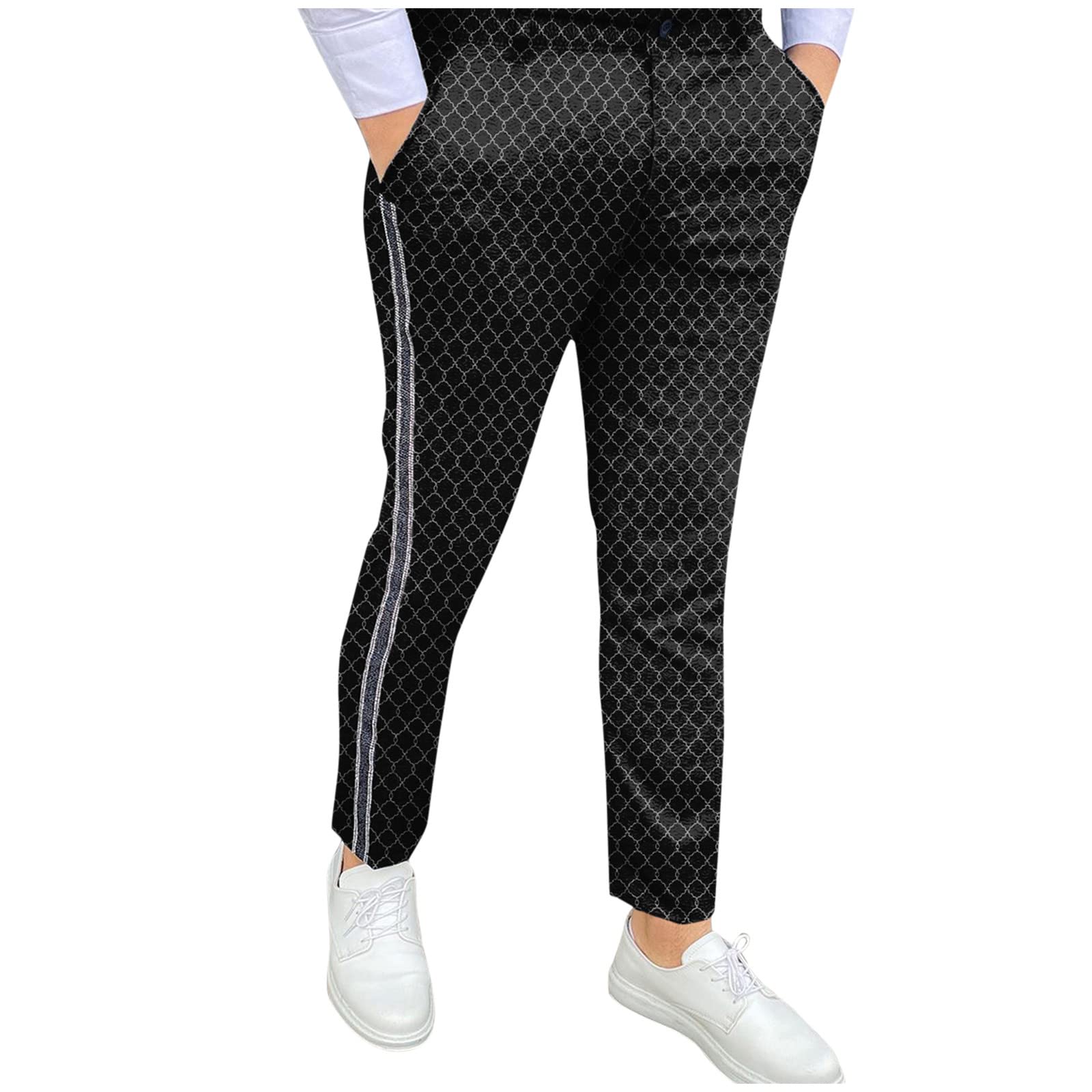 MJIPPH Men's Skinny Pencil Pants with Geometric Print - Stretchable Elastic Waist & Zipper Design - Casual Slim Fit Trousers for Office, Night Out & Smart Casual Occasions