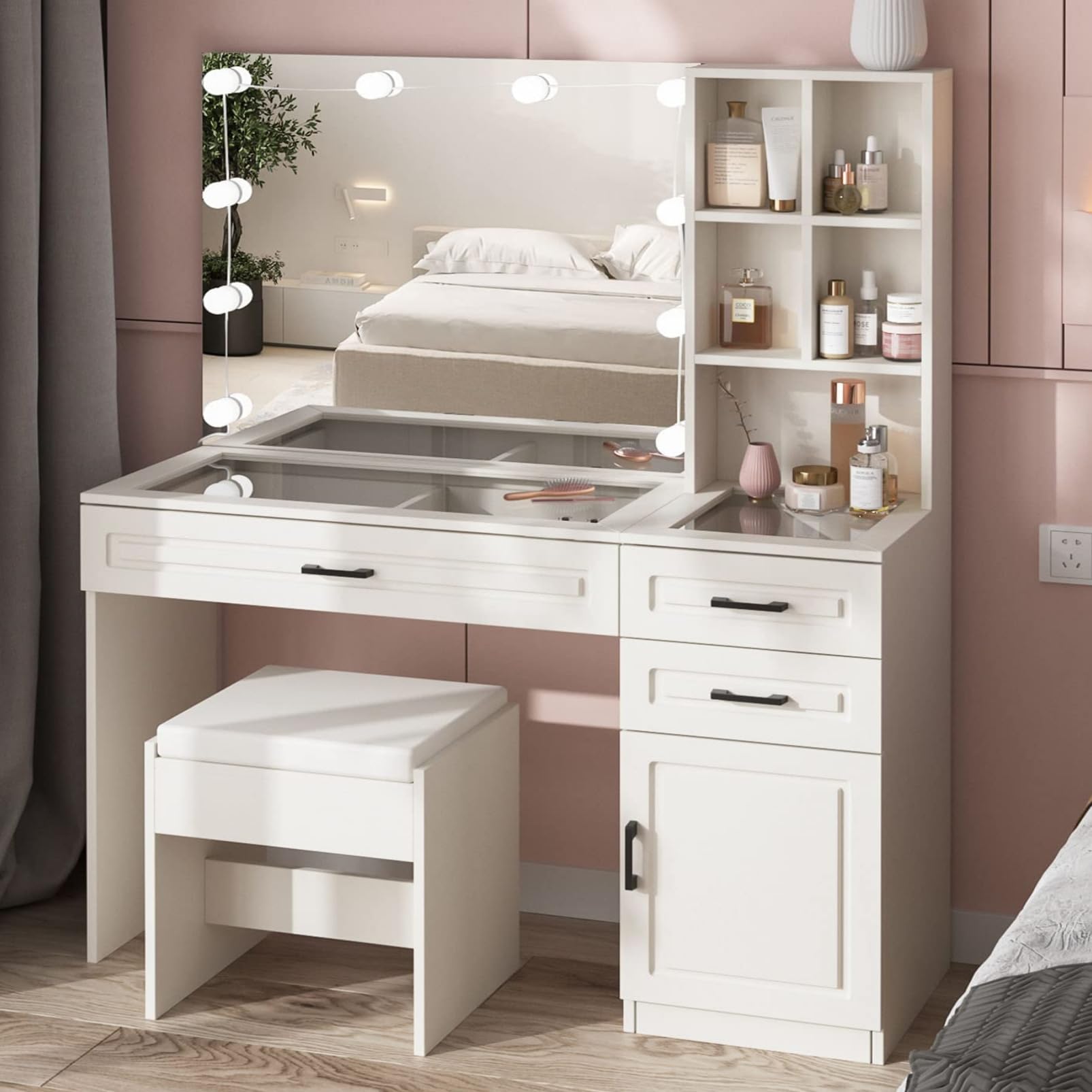 Fameill White Vanity Desk with LED Mirror & 3 Drawers - 45