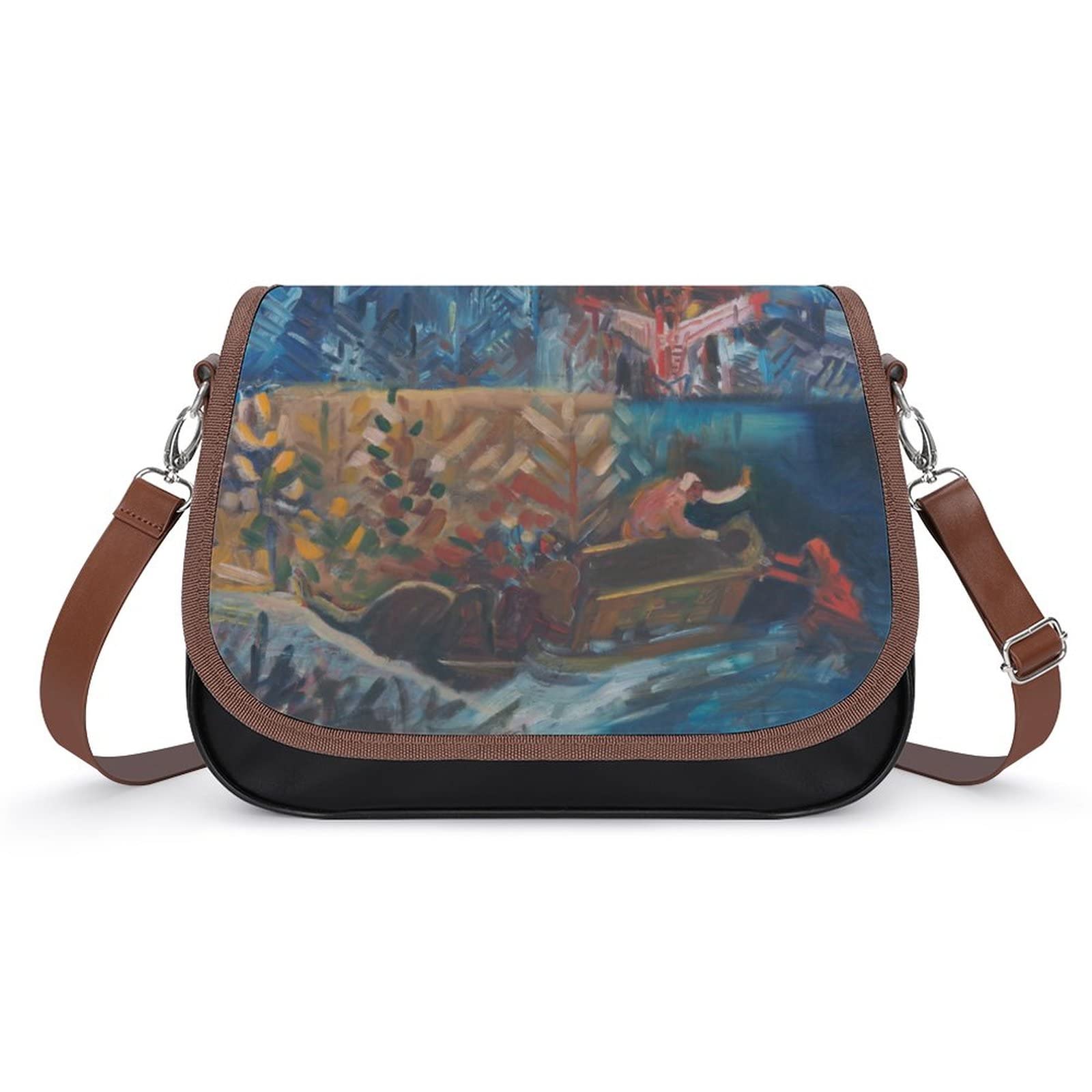 Stylish Women's Leather Crossbody Bag - Printed Oil Painting Lake Boat Design, Casual Shoulder Messenger Purse for Daily Use, Travel & Outings