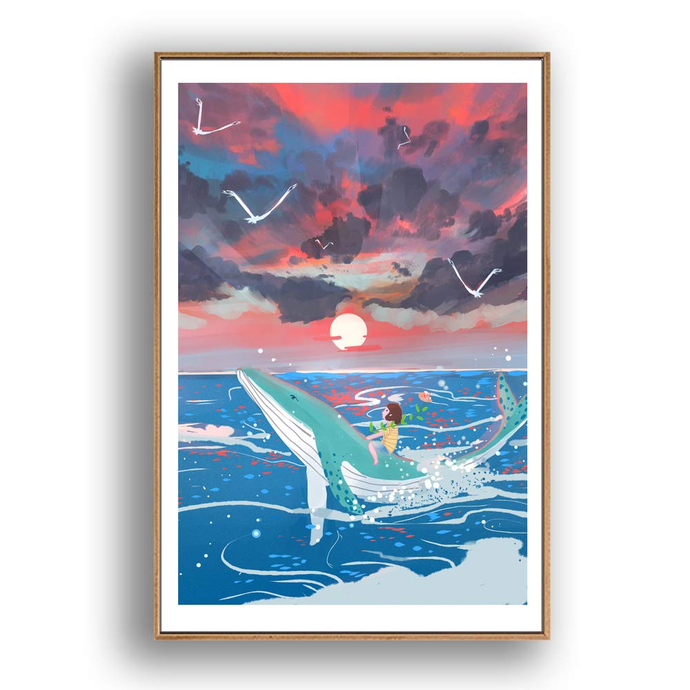 IDEA4WALL Framed Whale Canvas Wall Art - 24x36 Inches Ready to Hang, Modern Ocean Themed Painting for Living Room & Bedroom Decor - Perfect for Coastal, Nautical or Beach House Style Interiors