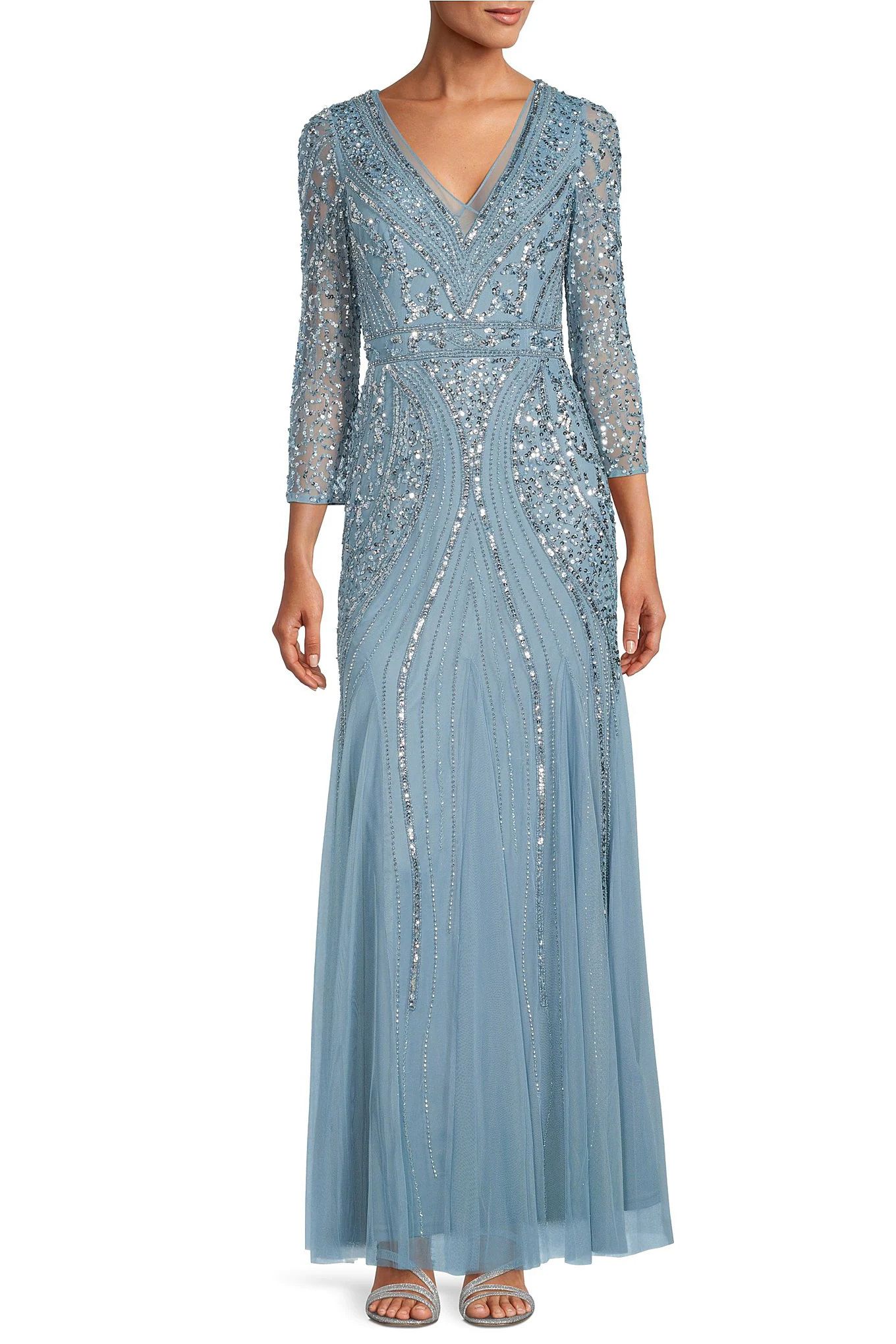 Adrianna Papell Beaded V-Neck 3/4 Sleeve A-Line Gown - Elegant Evening Dress for Prom, Wedding & Formal Events - Air Sky Blue