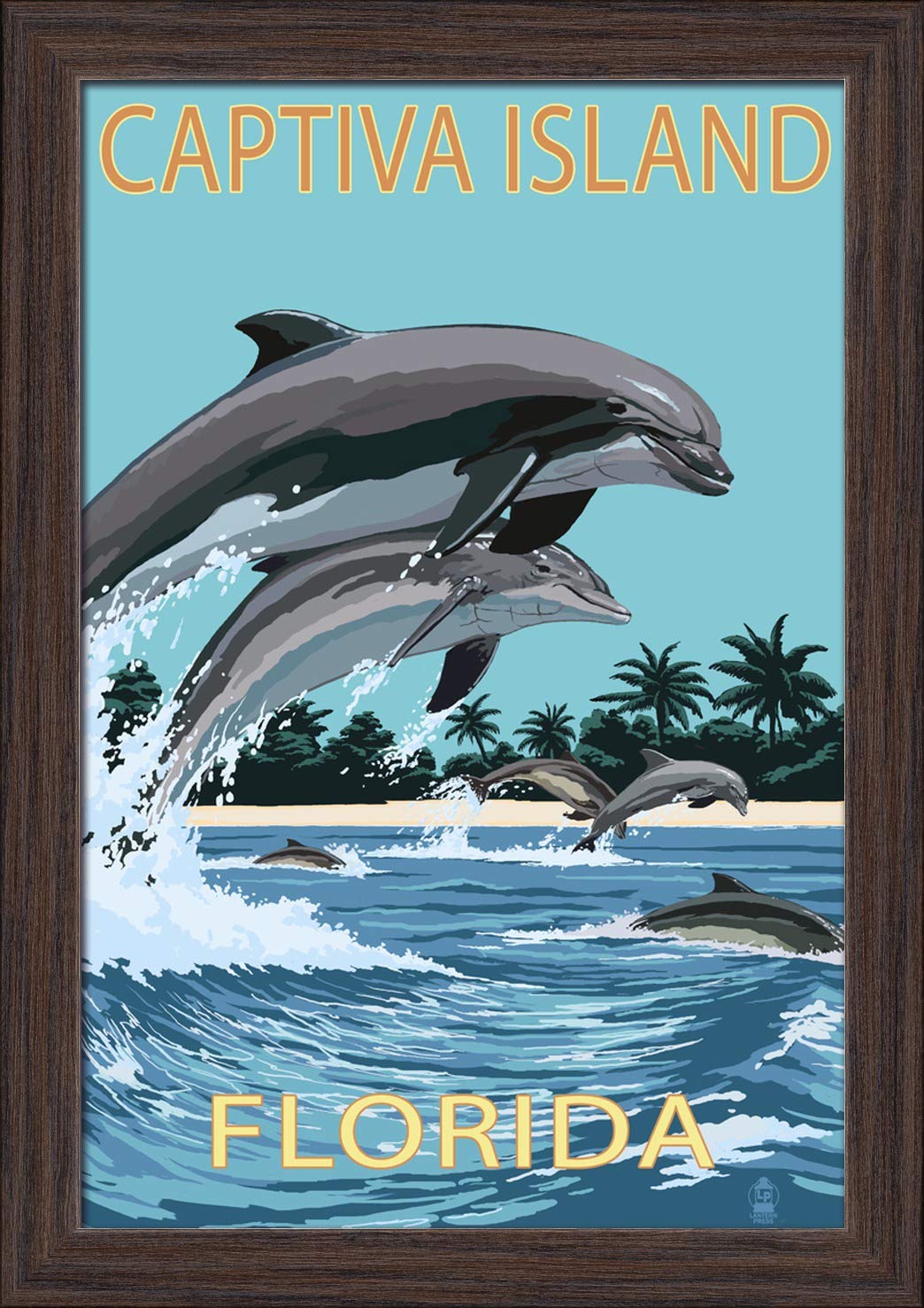 Captiva Island Florida Dolphins Swimming Art Print - 12x18 Giclee Fine Art on Recycled Wood Frame in Espresso Brown - Perfect for Beach House Decor, Coastal Living Room, or Ocean Themed Office