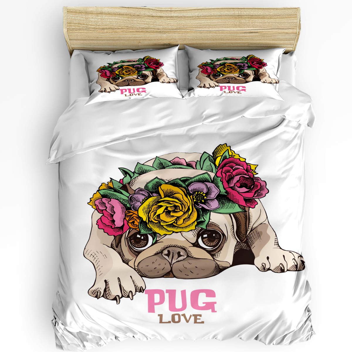 Cute Cartoon Pug Brown Dog Wreath Flower Duvet Cover Set - 3 Piece Full Size Soft Bedding with Zipper Closure & Corner Ties - All Season Comforter Cover for Kids' Room, Guest Bedroom & Cozy Home Decor