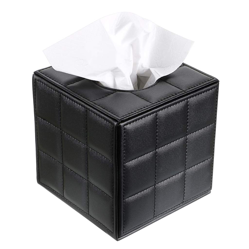 Sumnacon Stylish PU Leather Tissue Box Cover - Square Napkin Holder with Magnetic Base for Home, Office & Car - Black Grid Design | Perfect for Living Room Decor, Desk Organizer & Automotive Accessories