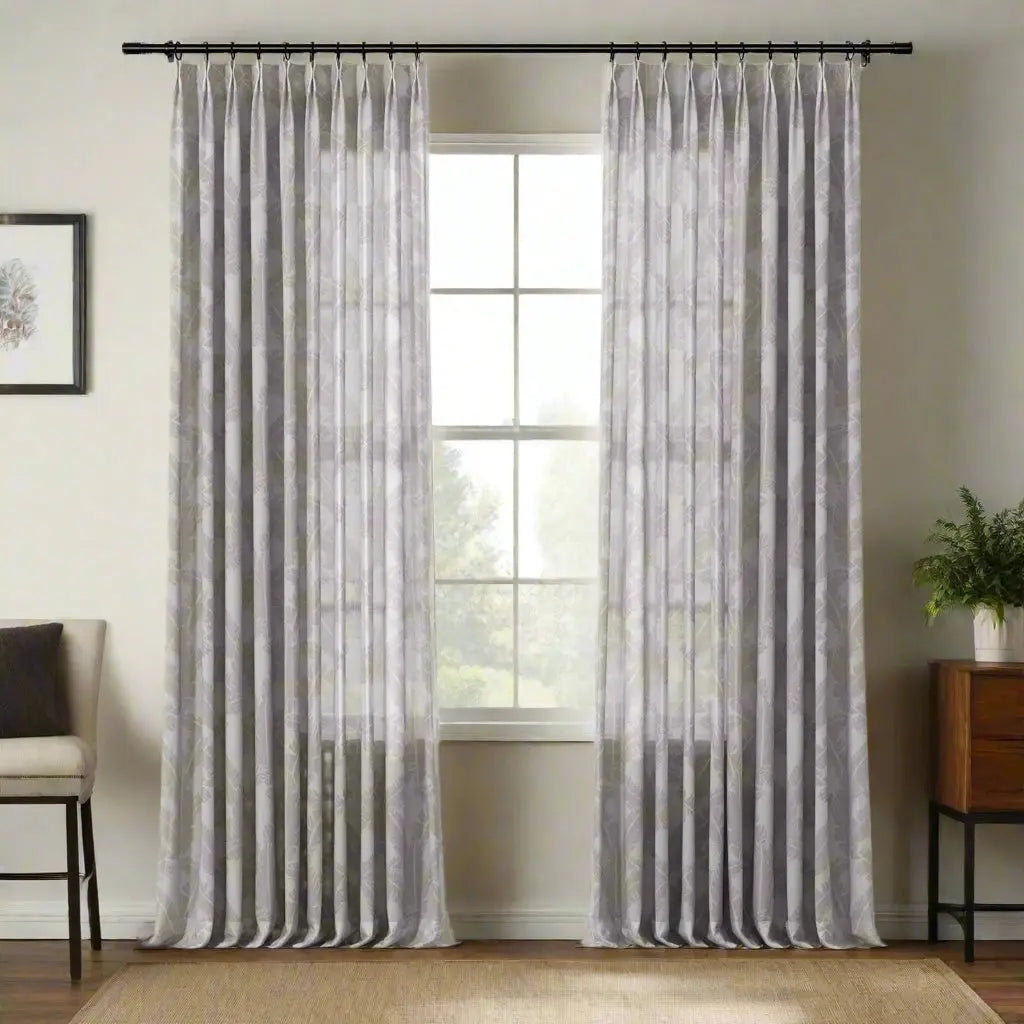 Freya Linen Semi-Sheer Jacquard Pleated Curtains - Elegant Window Treatment for Living Room & Bedroom