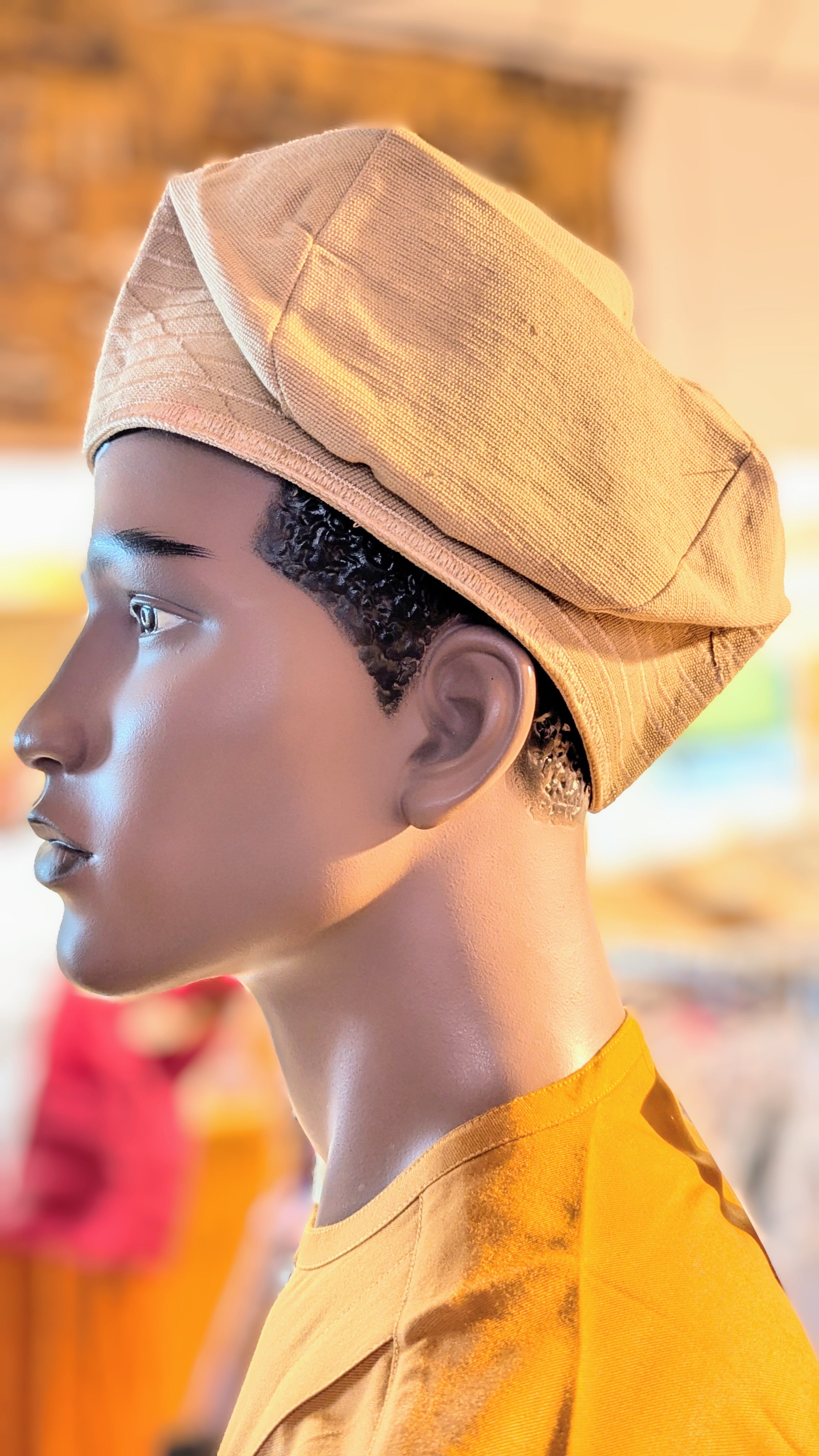 Authentic African Kufi Hat - Dupsie's Olabami Tan Aso Oke Cap | Traditional Nigerian Headwear for Men | Perfect for Weddings, Cultural Events & Everyday Wear (DPHALAH32)