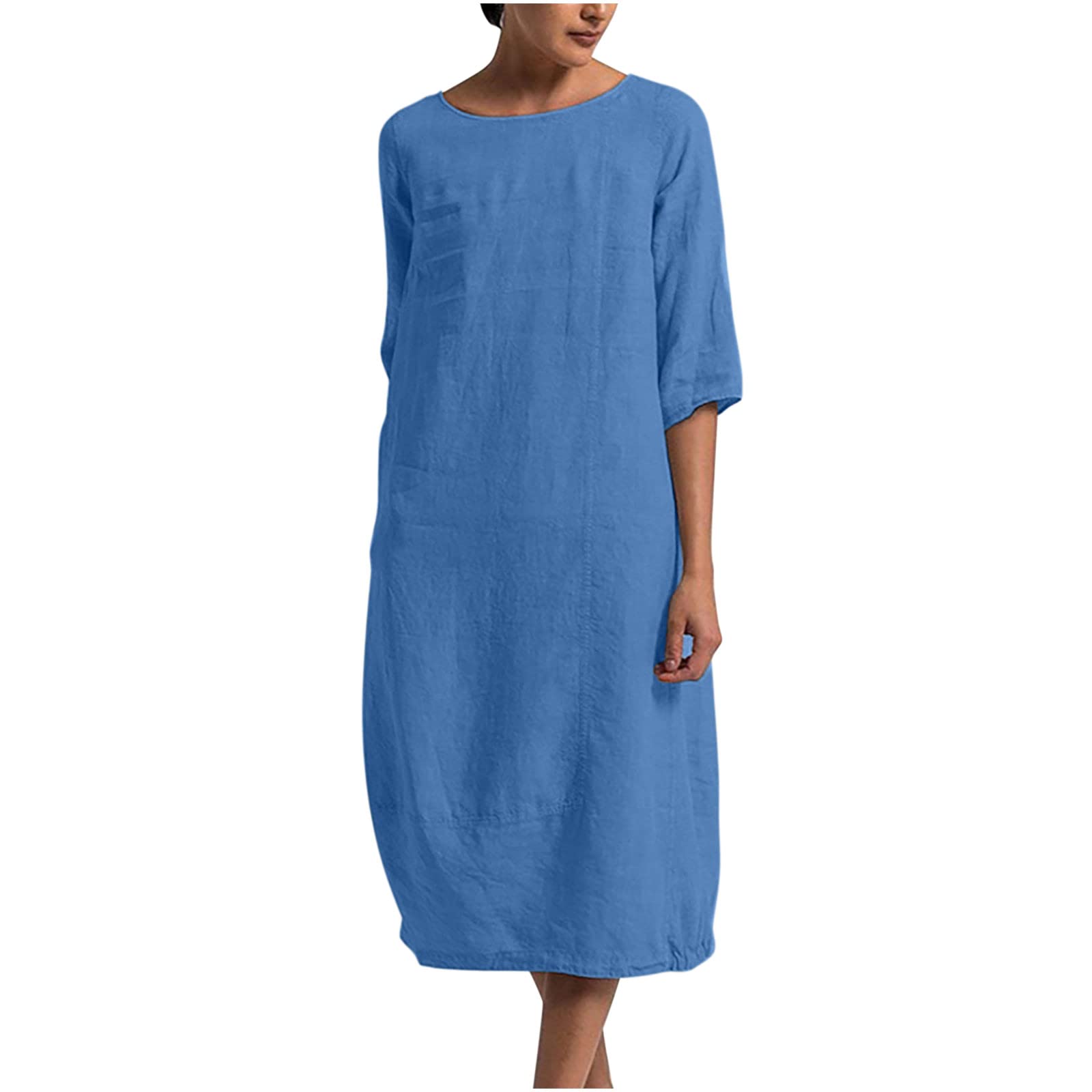 **Ceimmol Women's Plus Size Linen Summer Dress - Half Sleeve Crew Neck Solid Midi Dress, Comfortable & Modest Casual Wear for Beach, Travel & Everyday Outfits**