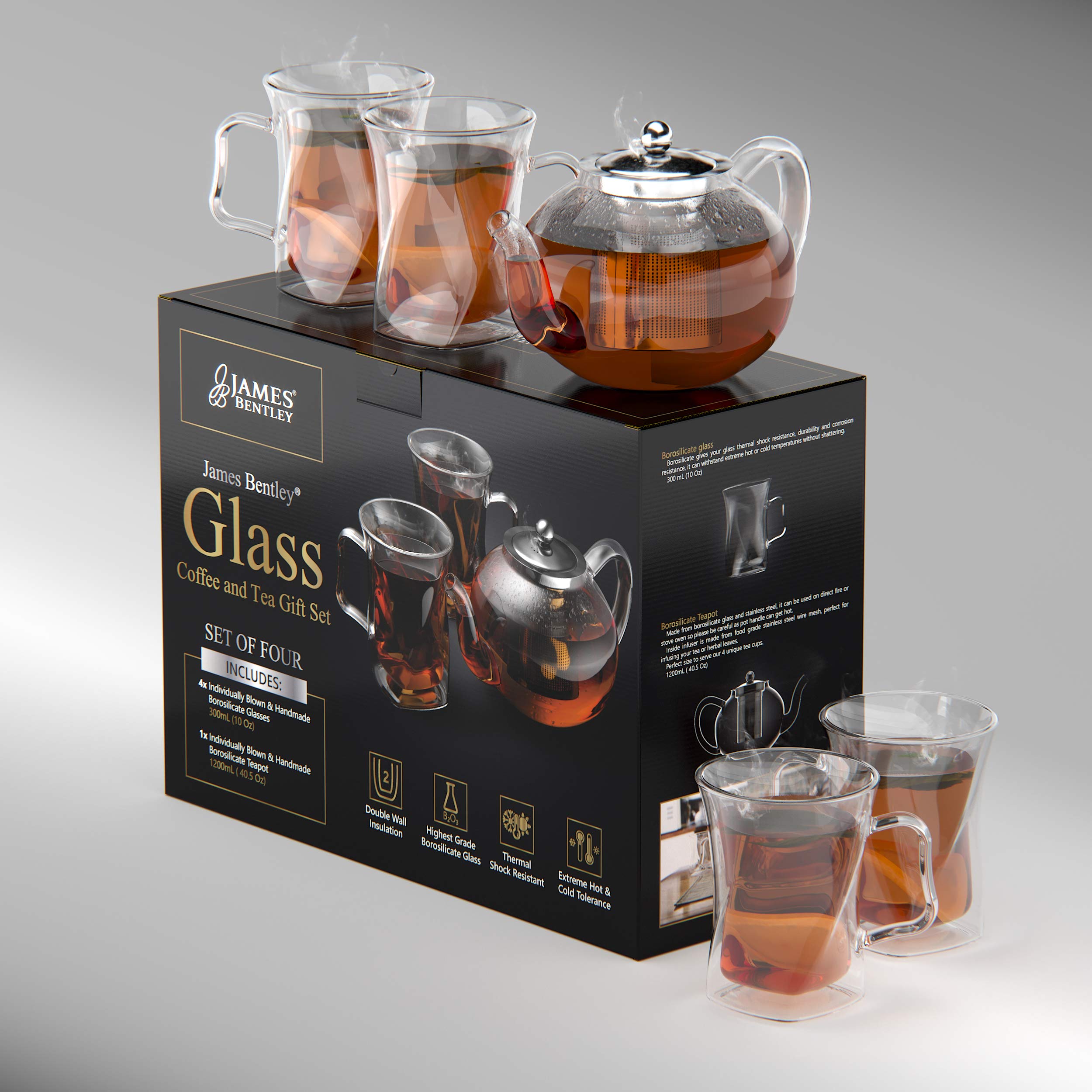 40 Oz Glass Teapot Set with 4 Double Wall Insulated Cups - Stovetop Tea Kettle with Infuser for Loose Leaf Tea - Ideal Gift for Mom - Perfect for Afternoon Tea, Home Decor & Relaxation