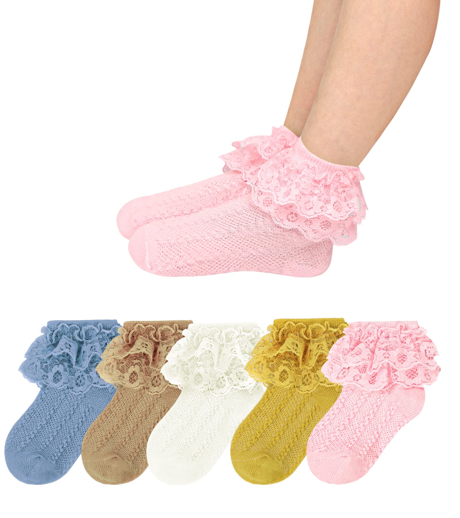 Kereda 5 Pairs Baby Girls Ruffles Lace Socks - Soft Cotton Eyelet Ankle Dress Socks for Toddlers (6 Months-8 Years) - Cute & Comfortable Infant Socks for Parties, Weddings & Special Occasions - Perfect for Daily Wear, Photo Shoots, Nursery Outfits & Baby Fashion - Ideal for Holidays, Birthday Gifts & Matching Outfits