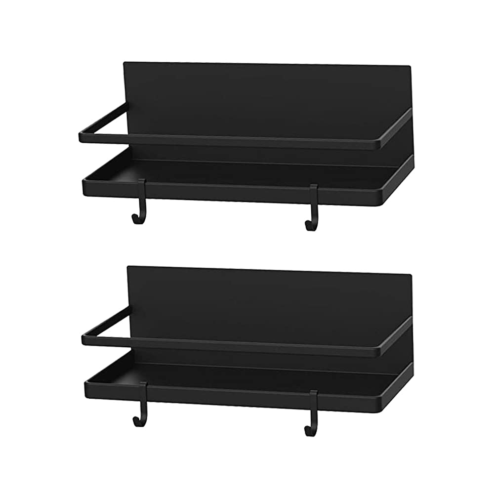 2 Pack Magnetic Spice Rack with 4 Removable Hooks - No Drill Refrigerator Organizer for Spices, Condiments & Kitchen Essentials - Space Saving Fridge Storage Solution for Home & Office (Black)