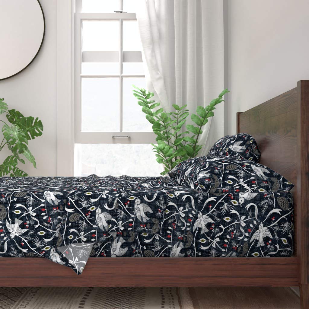 100% Cotton King Size 4-Piece Sheet Set | Forest Christmas Chinoiserie Navy Blue Holiday Birds Nature Woodland Print | Cozy Winter Cabin Bedding for Holiday Decor & Seasonal Home Styling
