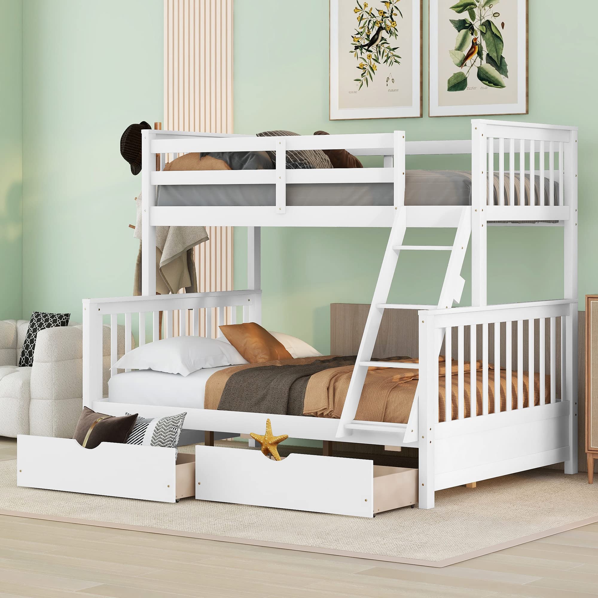 Twin Over Full Bunk Bed with 2 Storage Drawers - Solid Wood Bunk Bed Frame with Guardrails & Ladder for Kids, Teens & Adults - No Box Spring Needed - White - Perfect for Small Bedrooms, Guest Rooms & Vacation Homes