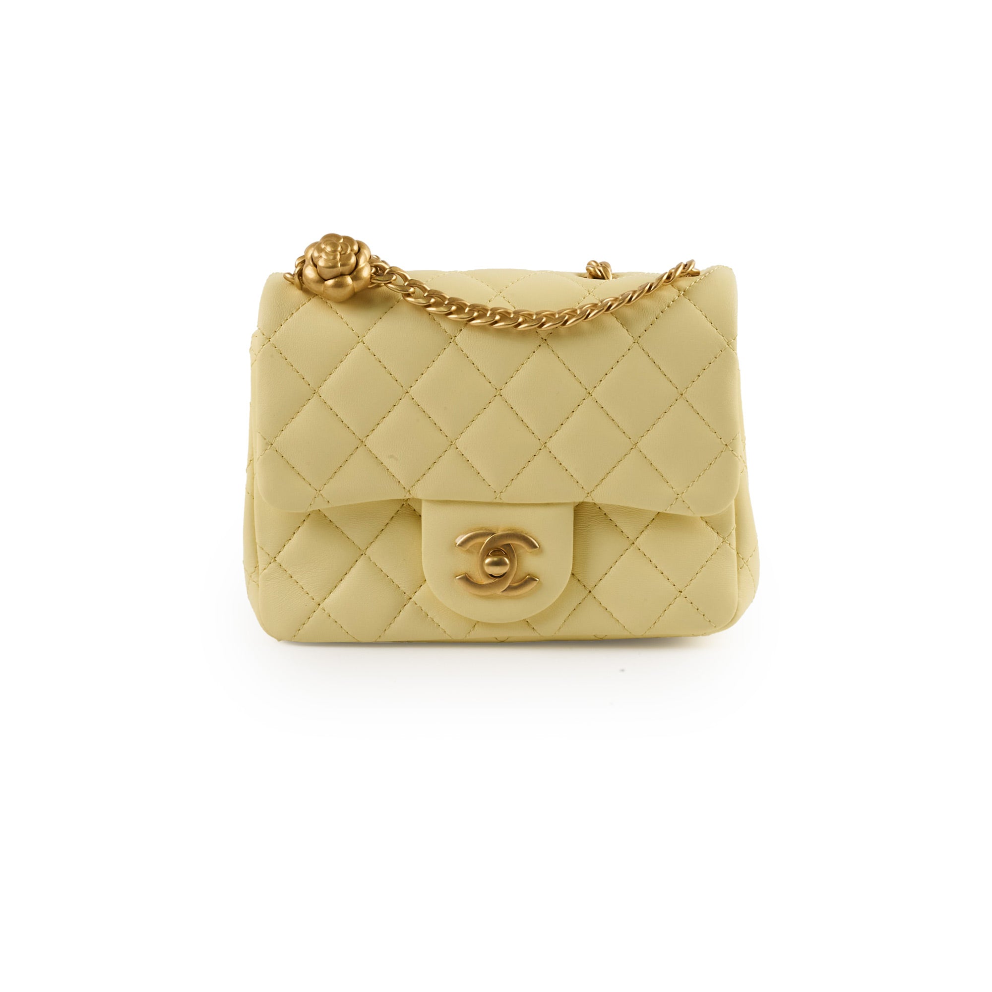 Chanel Mini Square Lambskin Camellia Crush Light Yellow Microchip Bag - Luxury Crossbody Purse for Women, Perfect for Date Night & Special Occasions