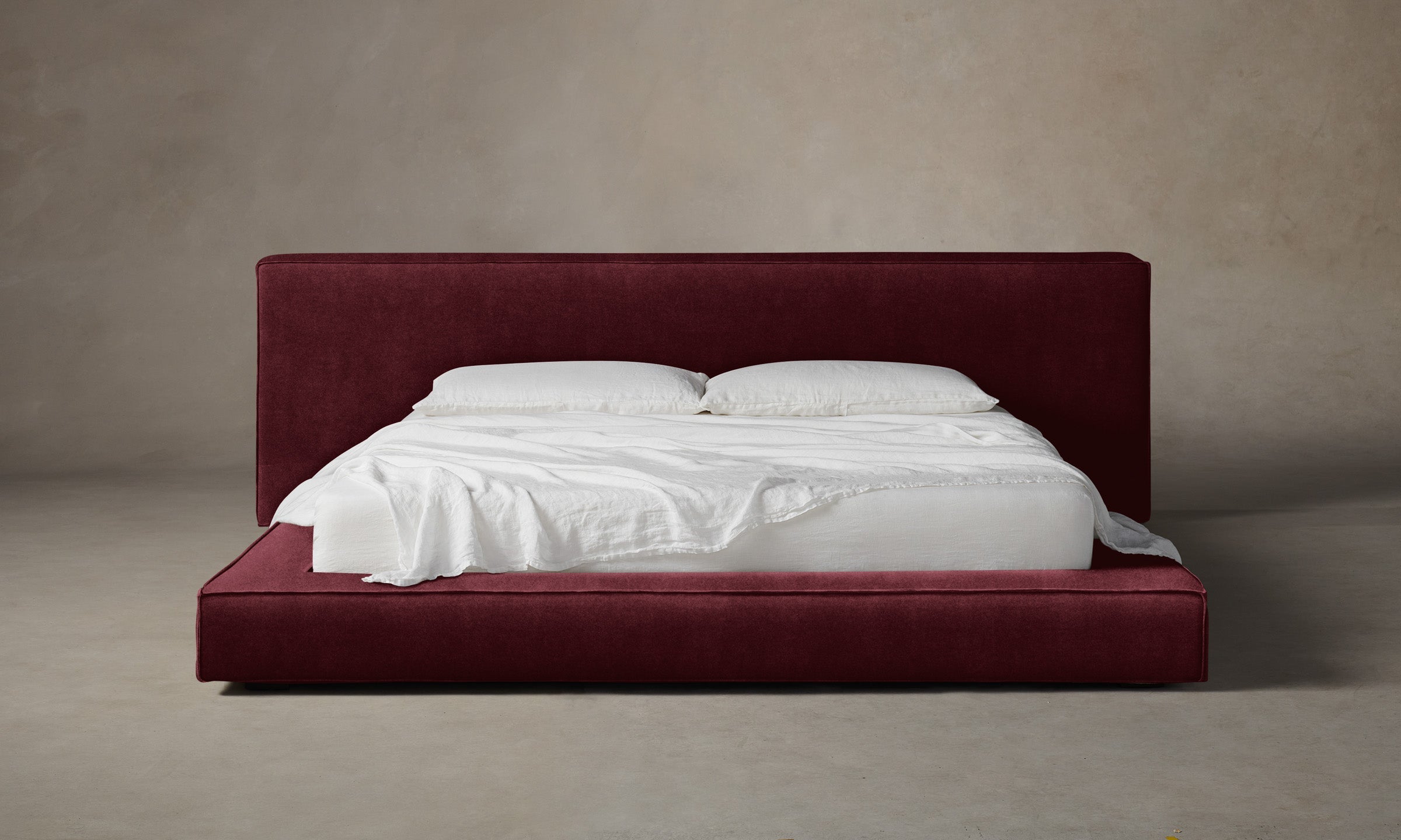 The Eldridge Bed - Performance Velvet Merlot Queen Size Upholstered Platform Bed Frame for Bedroom, Living Room & Guest Room