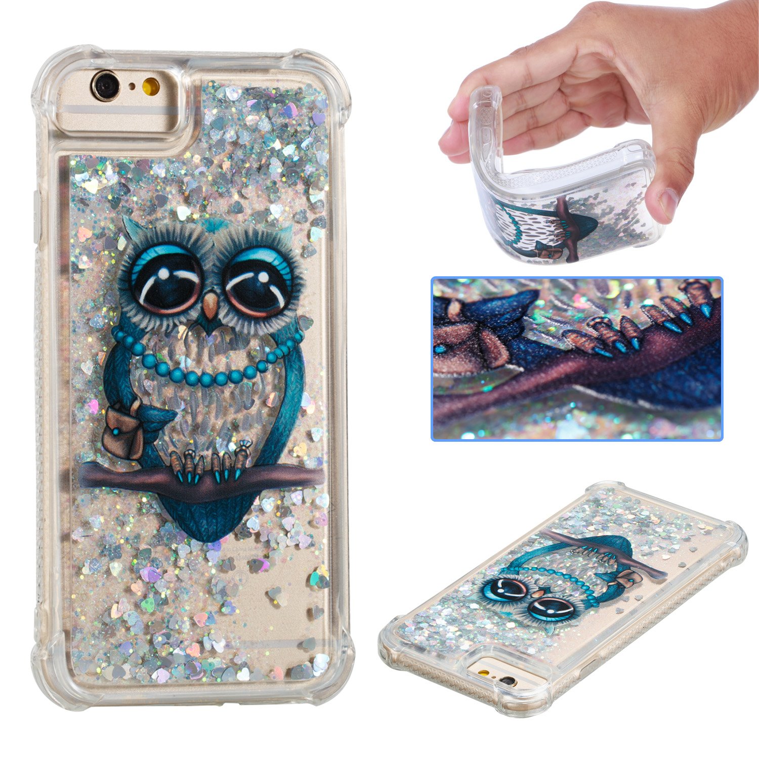 Folice iPhone 6/6S/7/8 Case - 3D Cute Bling Liquid Glitter Hybrid Shockproof Bumper with Floating Quicksand Diamond Design, Clear Soft TPU Protective Cover (Gray Owl) - Perfect for Daily Use, Parties & Gift Giving