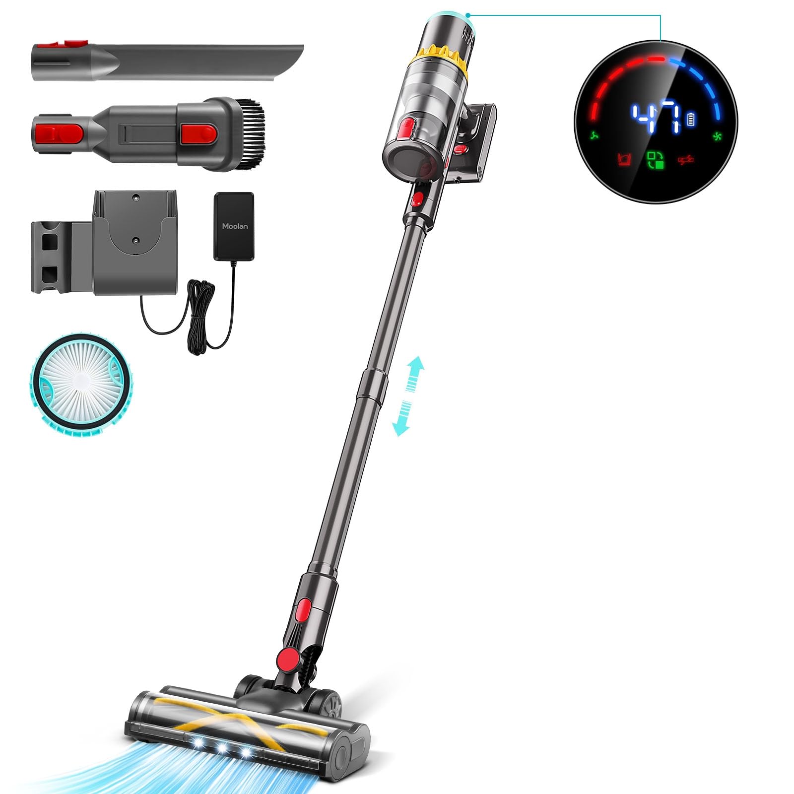 Moolan 6-in-1 Cordless Vacuum Cleaner, 28Kpa Powerful Stick Vacuum with Touch Screen & 250W Brushless Motor - Lightweight for Hardwood Floors, Carpets, Pet Hair - Perfect for Home Cleaning, Car Detailing & Pet Owners