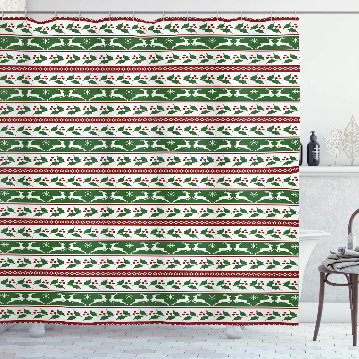 Ambesonne Christmas Shower Curtain - Jumping Reindeers Border with Xmas Mistletoe Poinsettia Flowers - Dark Green Burgundy Fabric Bathroom Decor Set with Hooks (69