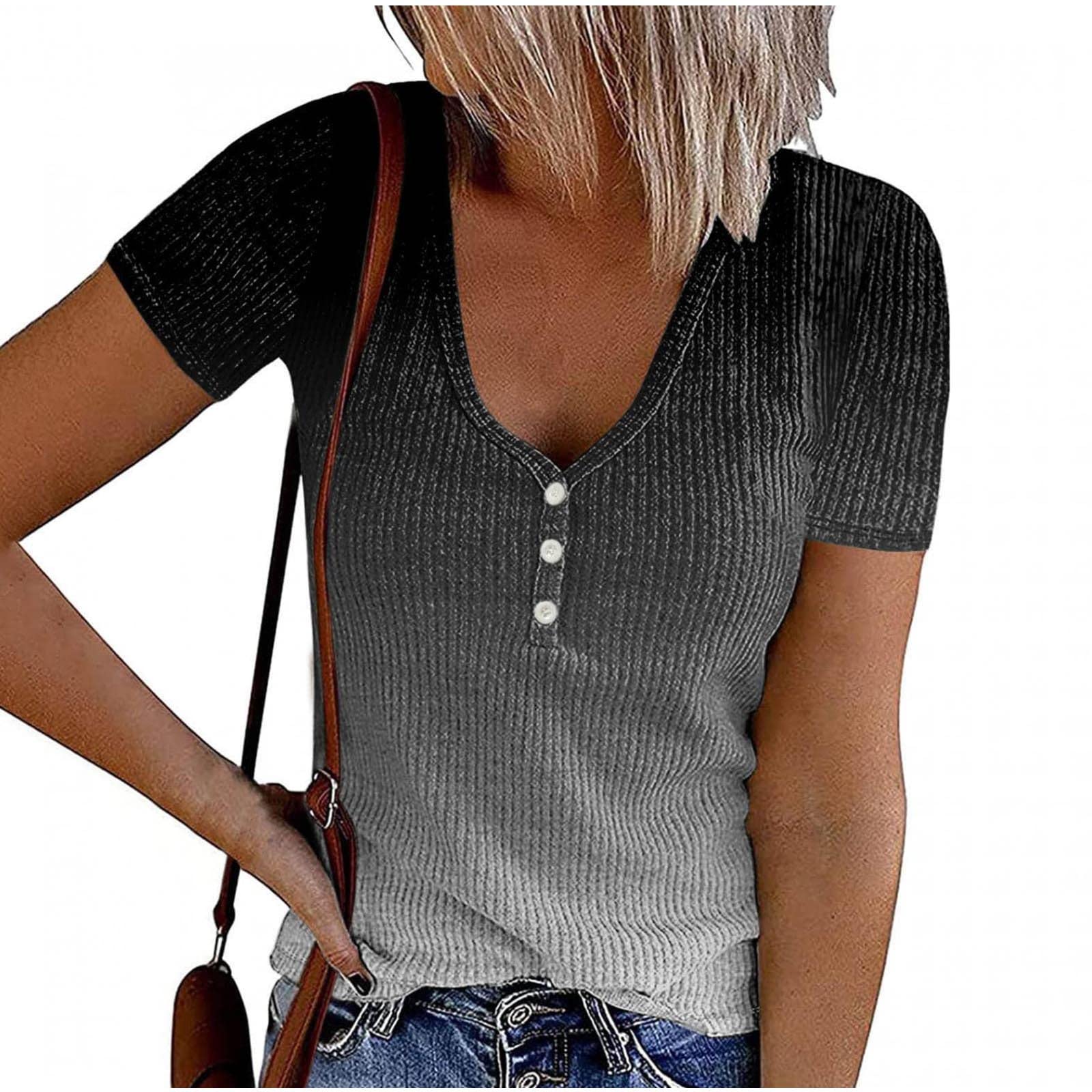 Women's Short Sleeve Slim Fit Ribbed Knit V-Neck T-Shirt | Gradient Casual Button-Up Tee | Perfect for Work, Date Night & Weekend Outfits