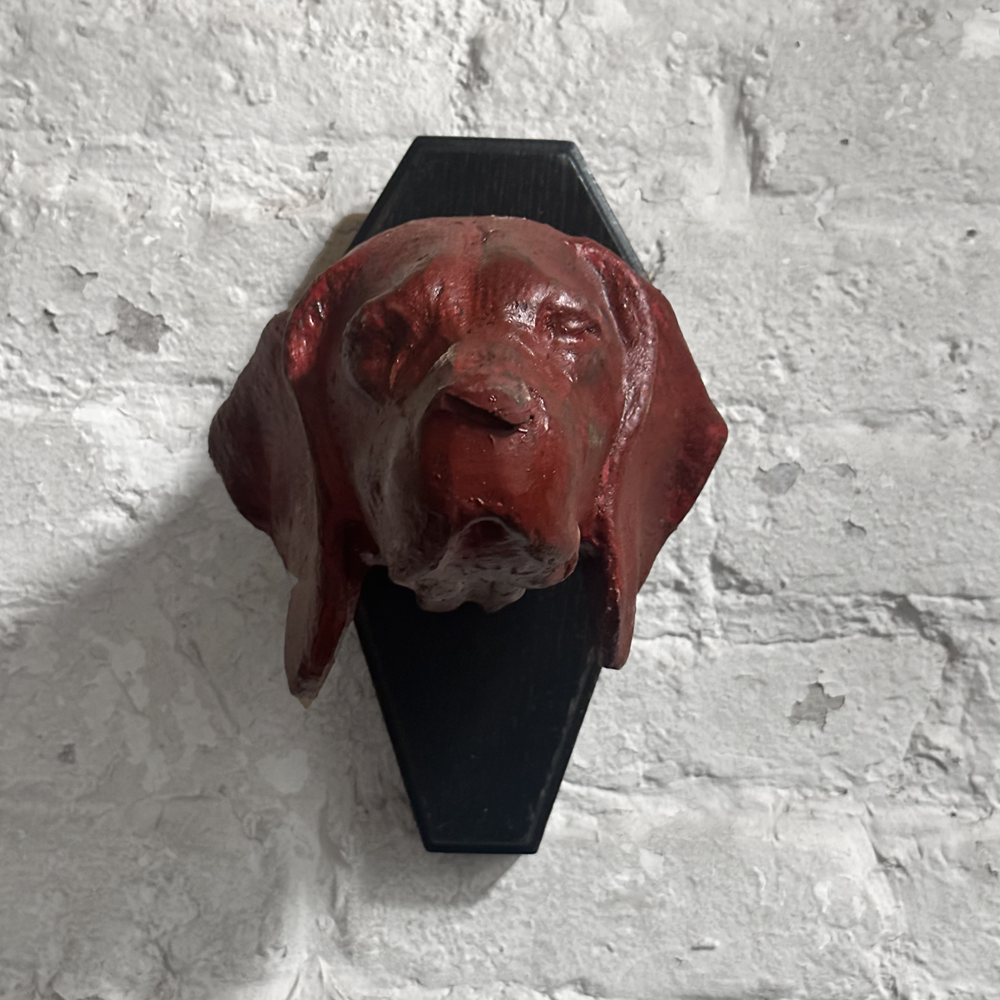 Hand-Carved Black Forest Red Dog Head Wooden Statue (D51) - Perfect for Home Decor, Cabinets, and Bookshelves