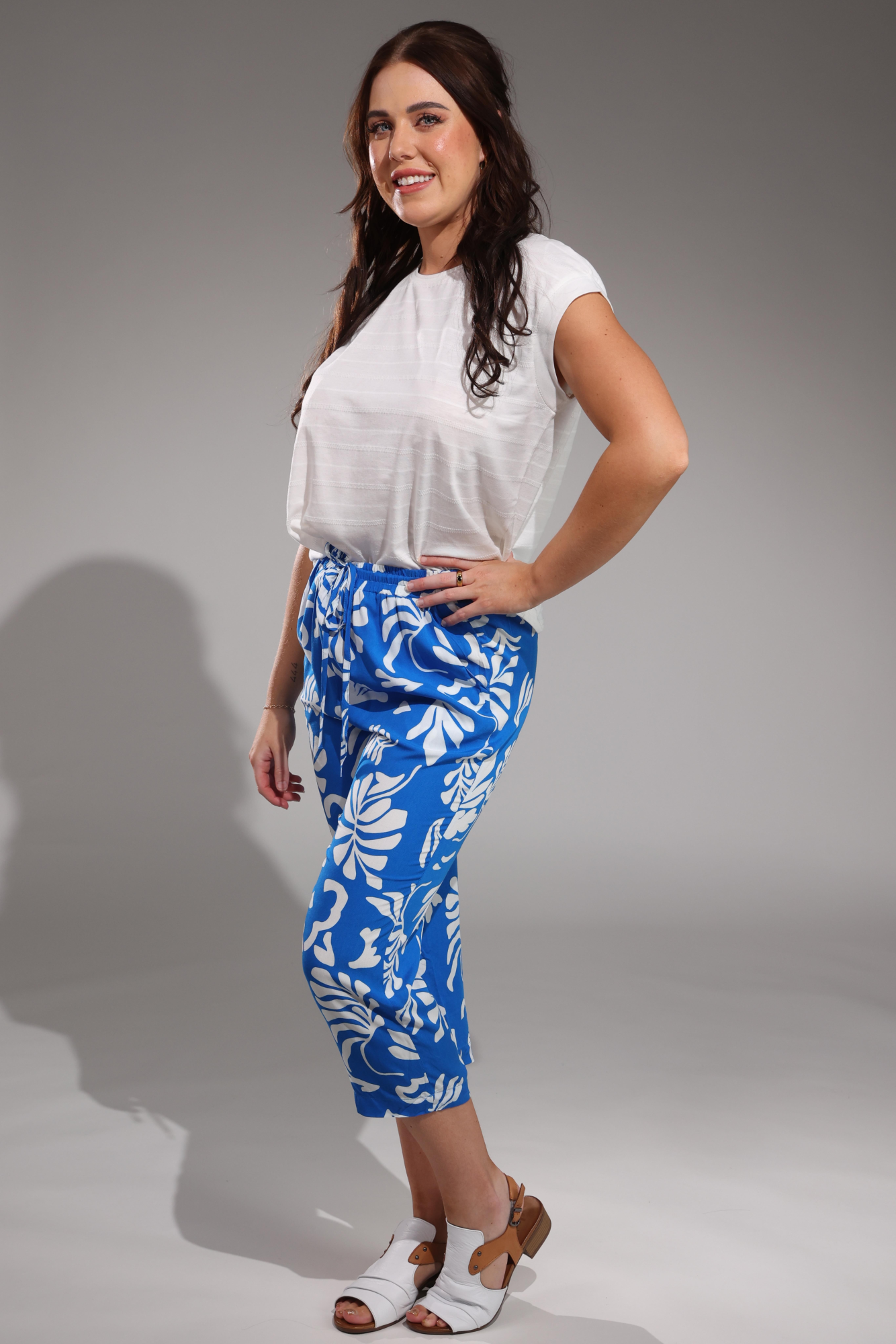 Printed Viscose Mid Calf Pants for Women - Marine White Palm Print | Comfortable Elastic Waist Lounge Pants | Perfect for Yoga, Beach & Casual Wear | Style 3369A1