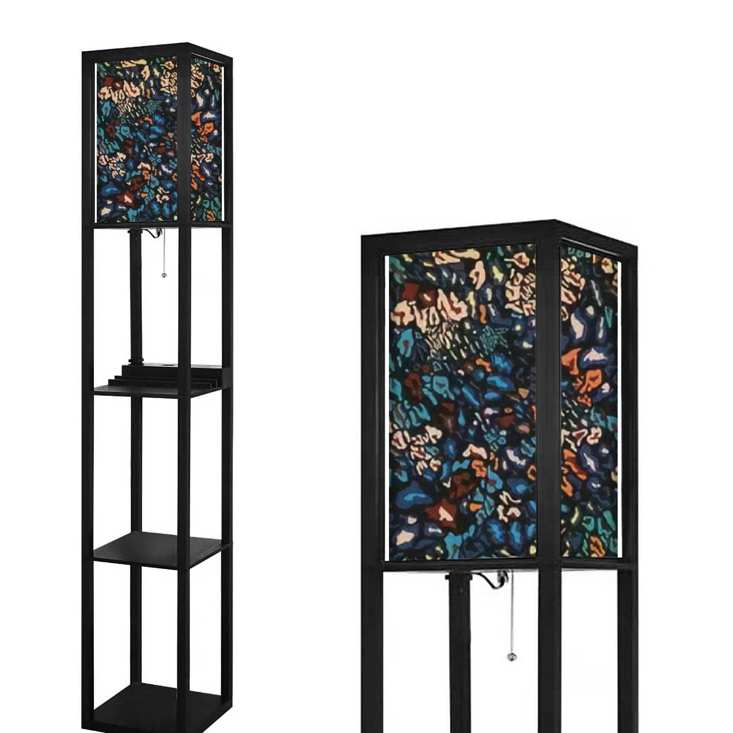 Modern Abstract Leopard Print Floor Lamp with Shelves, USB Ports & Power Outlet - African Inspired Design, Linen Fabric Shade, Tall Standing Lamp for Living Room & Bedroom - Perfect for Reading Nook, Home Office or Cozy Corner Lighting