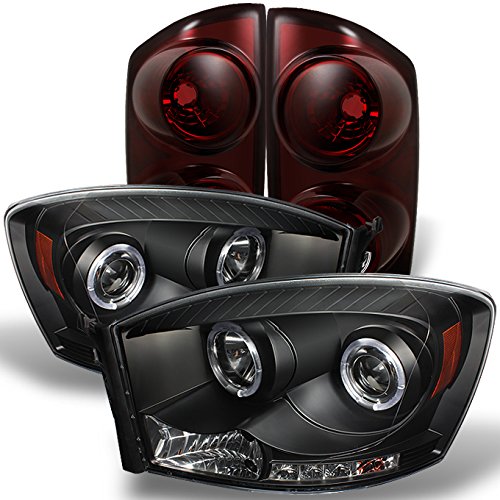 AKKON Black Dual Halo Projector LED Headlights + Dark Red Tail Lights for 2007-2009 Dodge Ram 1500/2500/3500 - Upgrade Your Truck Lighting for Night Driving & Off-Road Adventures