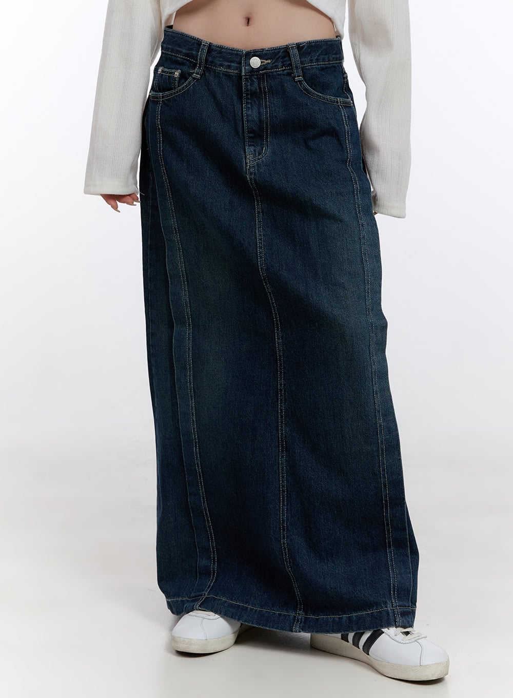 Denim Dream Stitched Maxi Skirt for Women - High Waisted A-Line Long Denim Skirt with Side Slits - Perfect for Casual Outfits, Date Nights & Summer Fashion