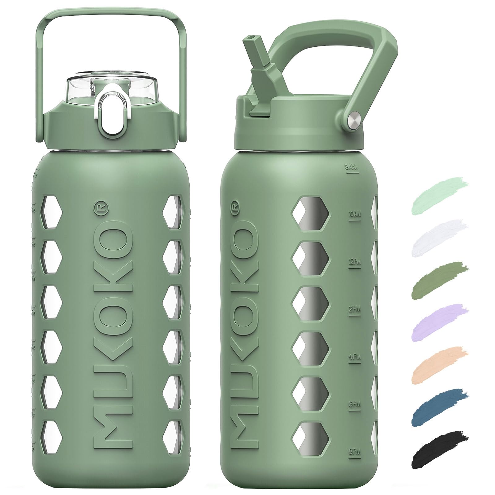 MUKOKO 64oz Glass Water Bottle with 2 Lids & Straw - Half Gallon/2L Leakproof Sports Jug with Measurements & Silicone Sleeve (Olive) - Perfect for Gym, Hiking, Office & Outdoor Activities