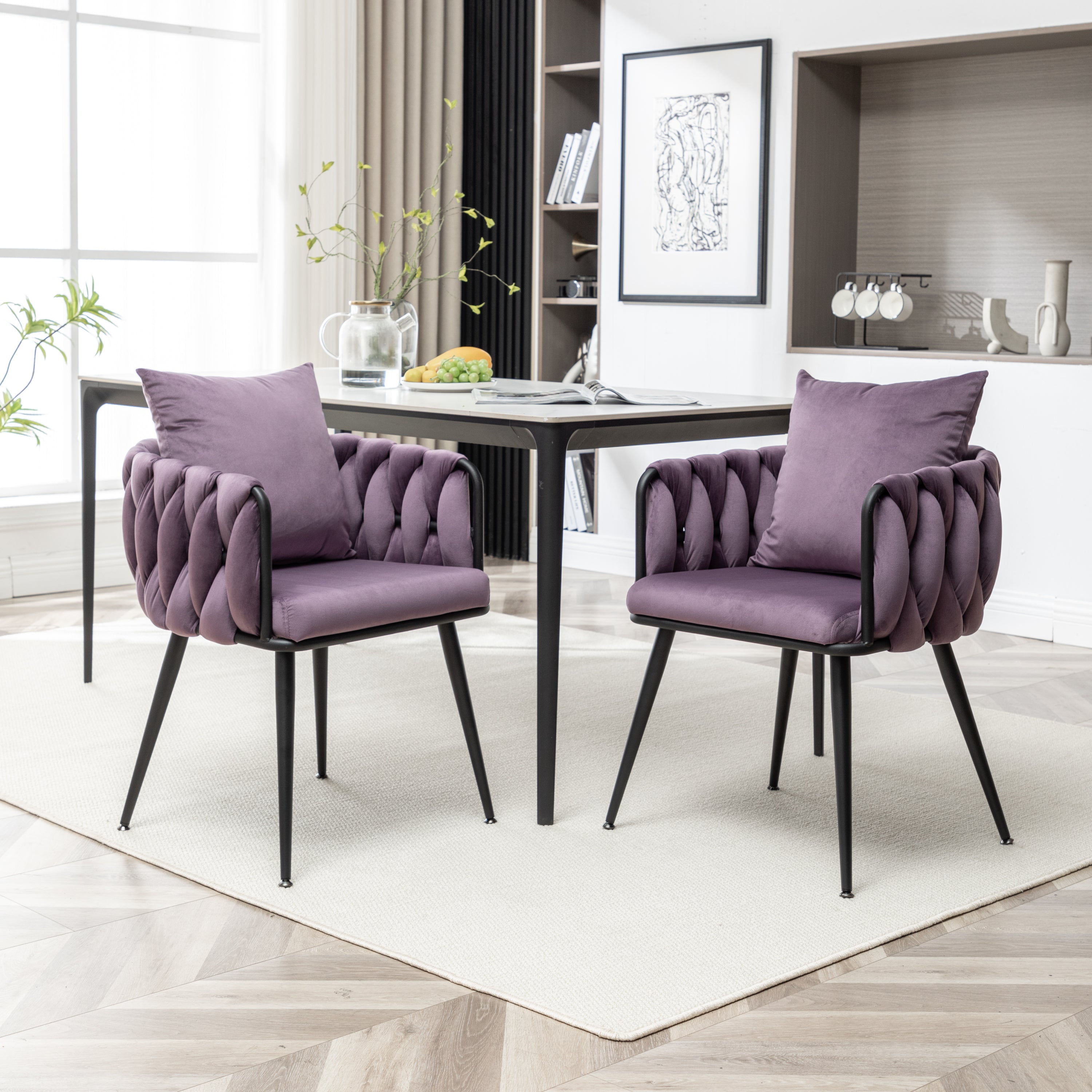 Dark Purple Velvet Dining Chairs Set of 2 - Modern Hand-Woven Upholstered Accent Chairs with Black Metal Legs for Living Room, Kitchen, Dining Room & Vanity - Perfect for Entertaining, Relaxing & Home Decor
