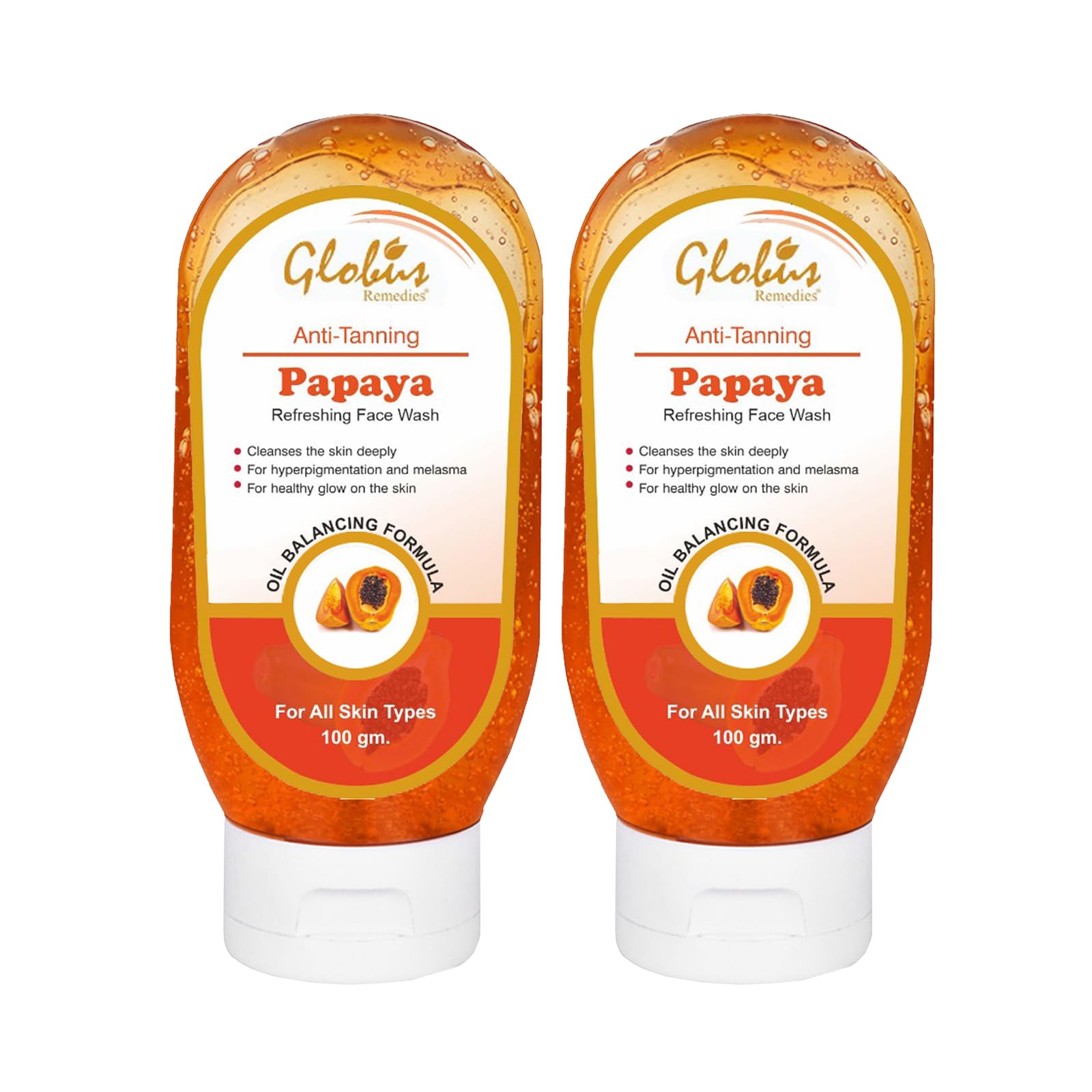 Globus Papaya Purifying Face Wash for Acne & Oily Skin - 100ml (Pack of 2) | Gentle Exfoliating & Deep Cleansing Facial Cleanser | Perfect for Daily Skincare Routine & Travel