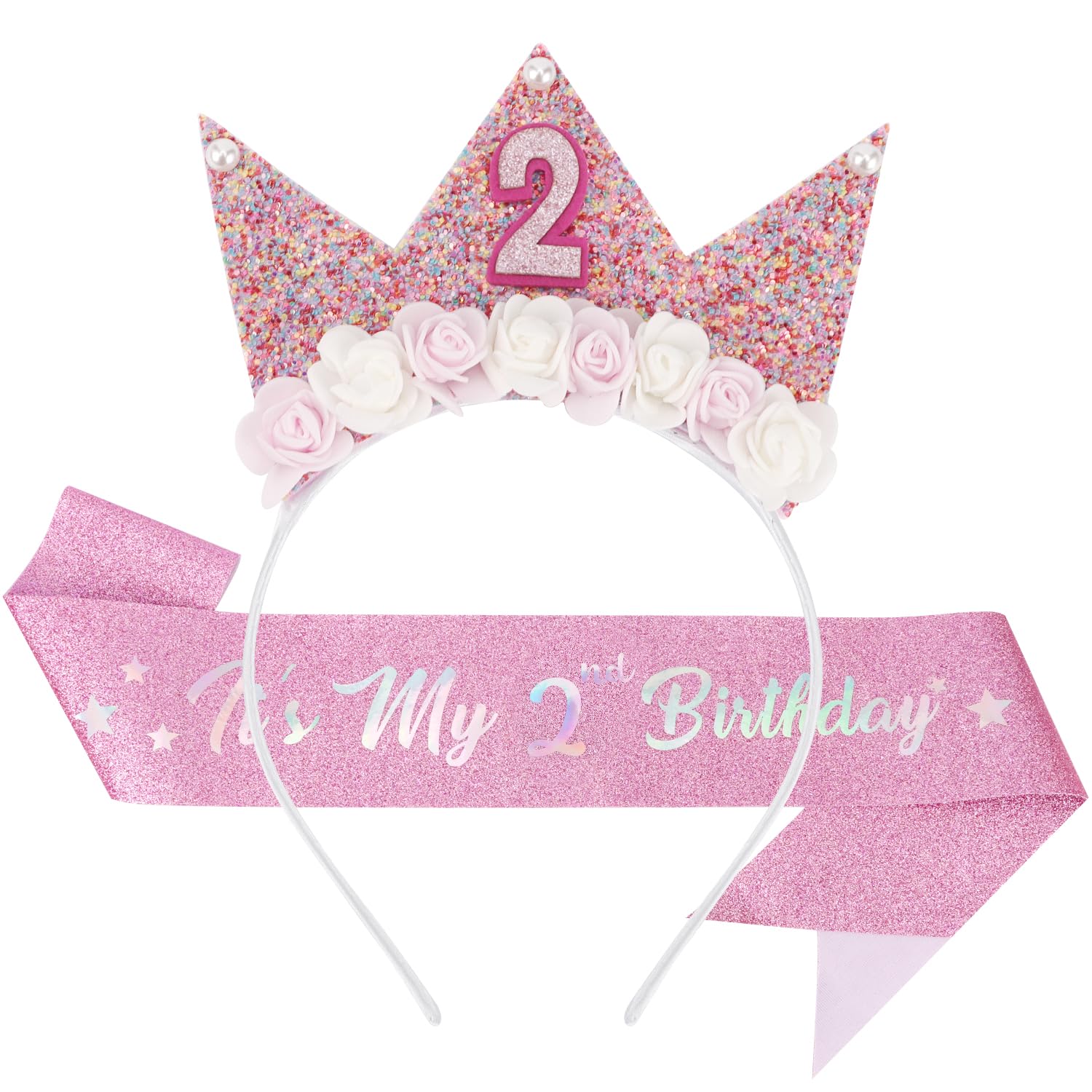 SuPoo 2nd Birthday Sash & Princess Crown Set - Sparkling Tiara with Glitter Pearl Headband for Girls, Perfect 2 Year Old Party Outfit & Gift | Ideal for Birthday Celebrations, Princess Themed Parties & Photo Shoots