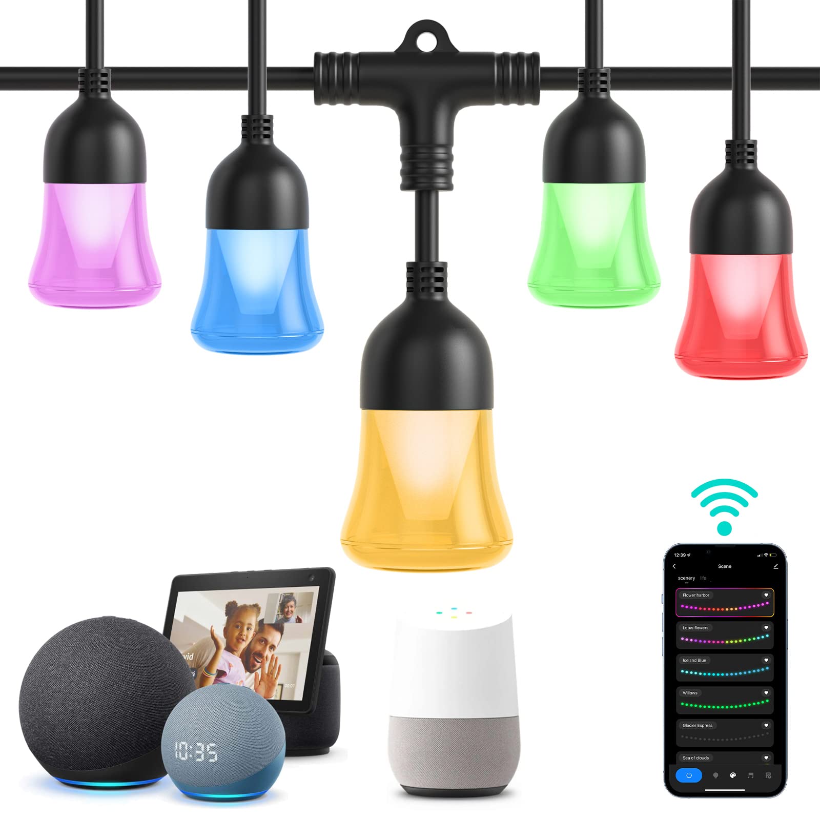 Comtifyer 32ft Smart Outdoor String Lights - 12 Dimmable RGB LED Bulbs, IP65 Waterproof, WiFi APP Control for Backyard, Garden, Party & Patio Decor | Perfect for Outdoor Entertaining, Wedding Decorations & Holiday Lighting