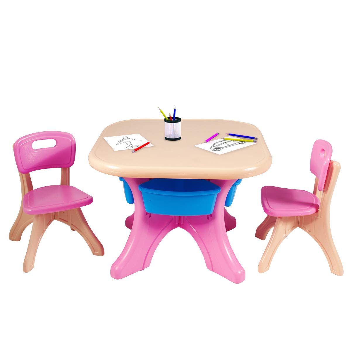 HONEY JOY Kids Table and Chair Set - 3 Piece Plastic Toddler Activity Table with 2 Chairs & Storage Bins, Durable Child Furniture for Daycare, Playroom, Preschool - Perfect for Arts & Crafts, Snack Time & Learning Activities (Pink)