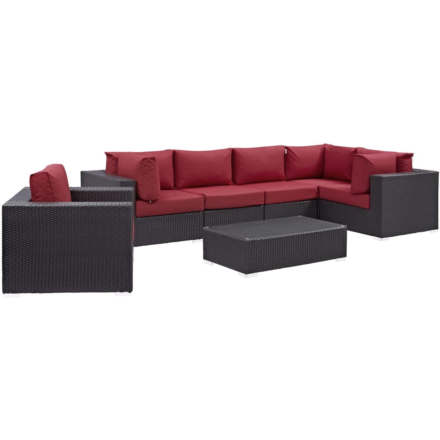 Modway Convene 7-Piece Wicker Rattan Outdoor Patio Sectional Sofa Set - Espresso Red - Durable Weather-Resistant Furniture for Backyard, Garden & Poolside Relaxation