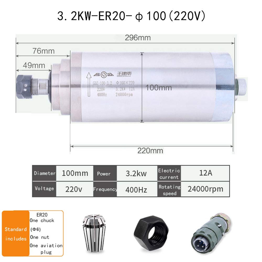 High-Speed 3.2KW Water Cooled CNC Spindle Motor 400Hz 2400RPM Constant Torque for Woodworking, Engraving, Milling & Grinding - 220V 3 Bearing φ100mm - Perfect for CNC Routers, Lathes & DIY Wood Projects