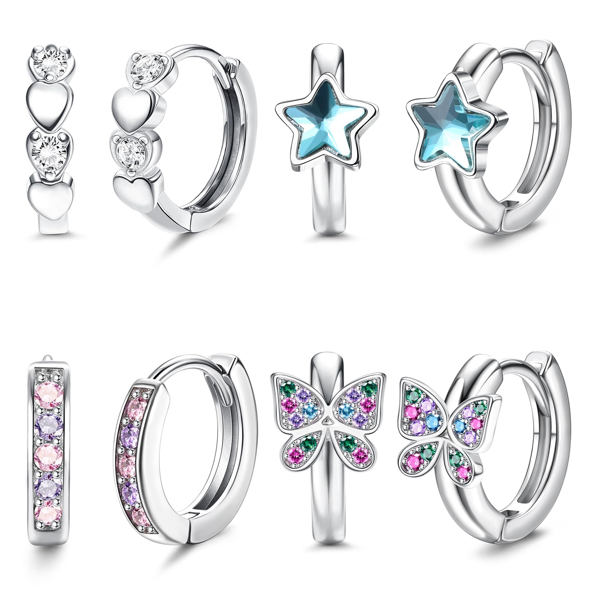 Hypoallergenic Huggie Hoop Earrings for Women & Girls - 10mm Tiny CZ Butterfly Star Cartilage Earrings Set | Double Love Heart Sleeper Earrings for Daily Wear, Gift Giving & Special Occasions