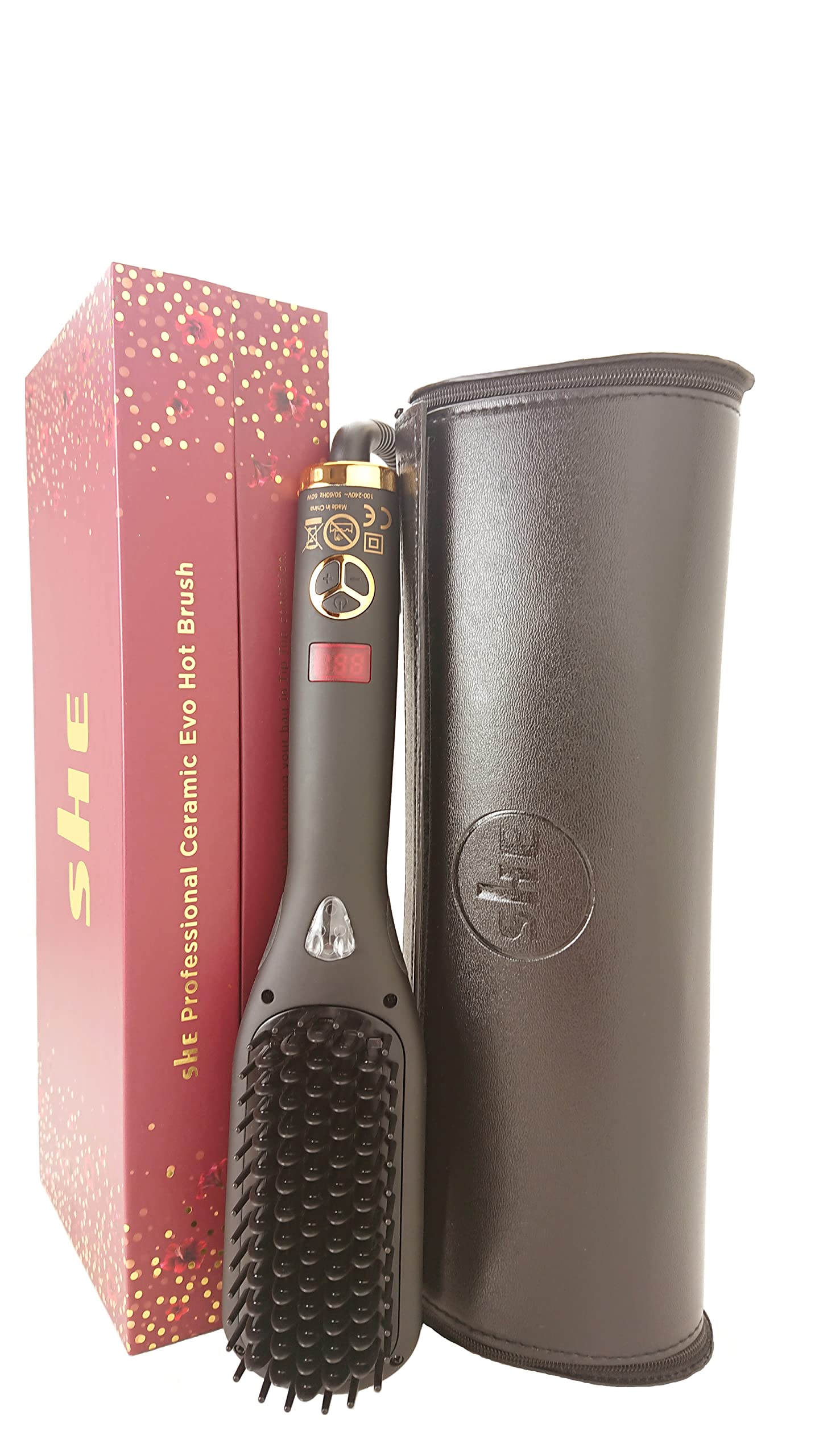 SHE Gold Evo Hot Brush with Travel Pouch - Professional Hair Styling Tool for Smooth & Voluminous Hair | Perfect for Travel, Home Use & Salon Styling