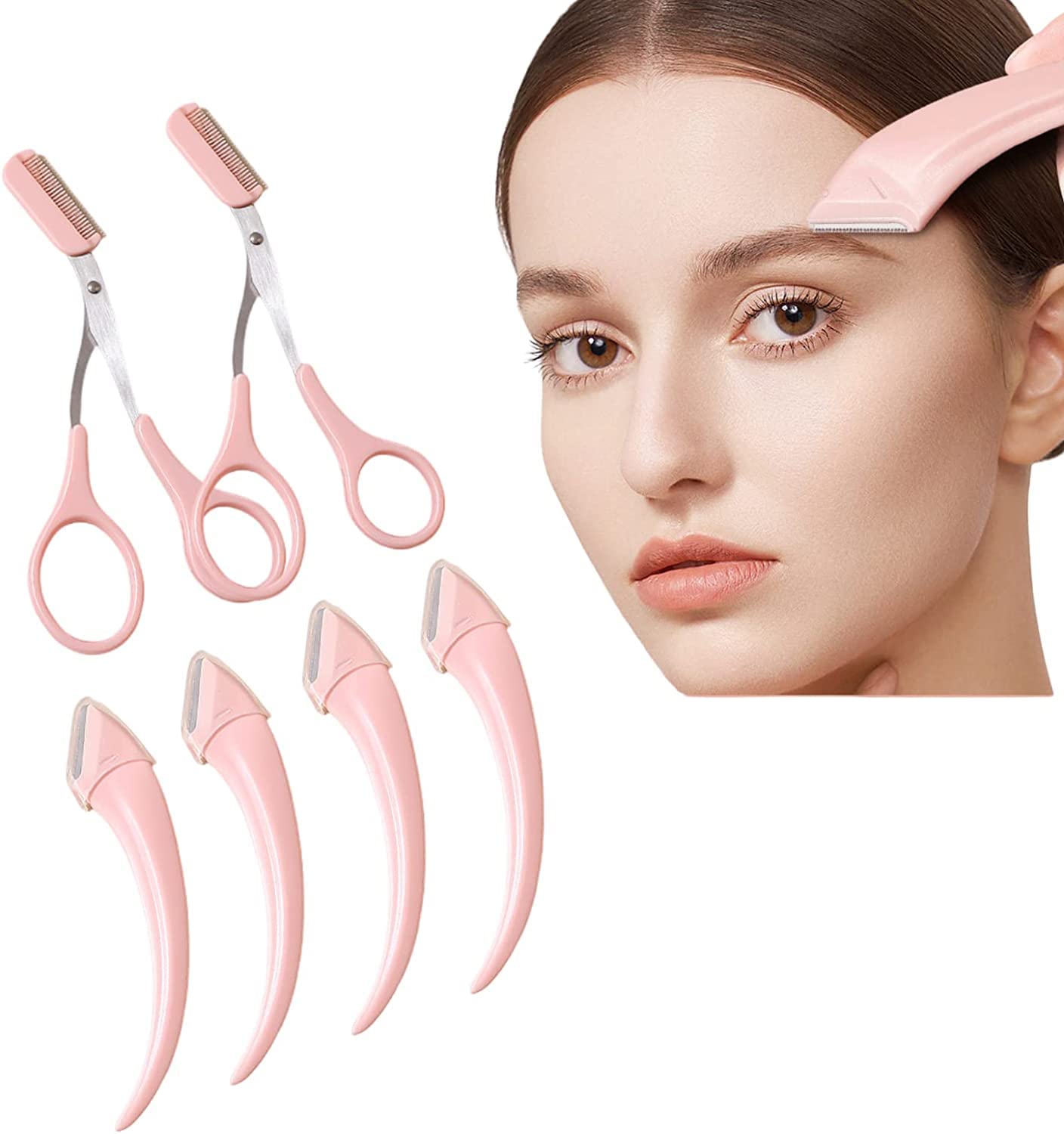 Professional Eyebrow Trimmer Scissor Kit - 3-Piece Set with Razors & Comb for Precise Eyebrow Shaping - Grooming Tool for Women & Men (Pink) - Perfect for Home Use, Travel & Salon Styling