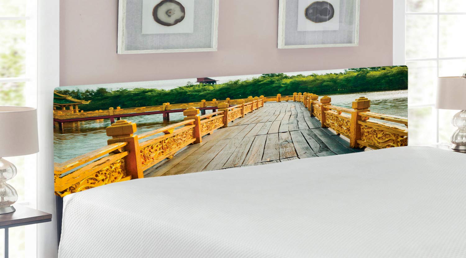 Ambesonne Countryside Upholstered Headboard - King Size Decorative Metal Bed Frame with Memory Foam in Mustard Tan Green | Rustic Bridge & River Waterscape Design | Perfect for Bedroom Decor, Guest Rooms & Vacation Homes