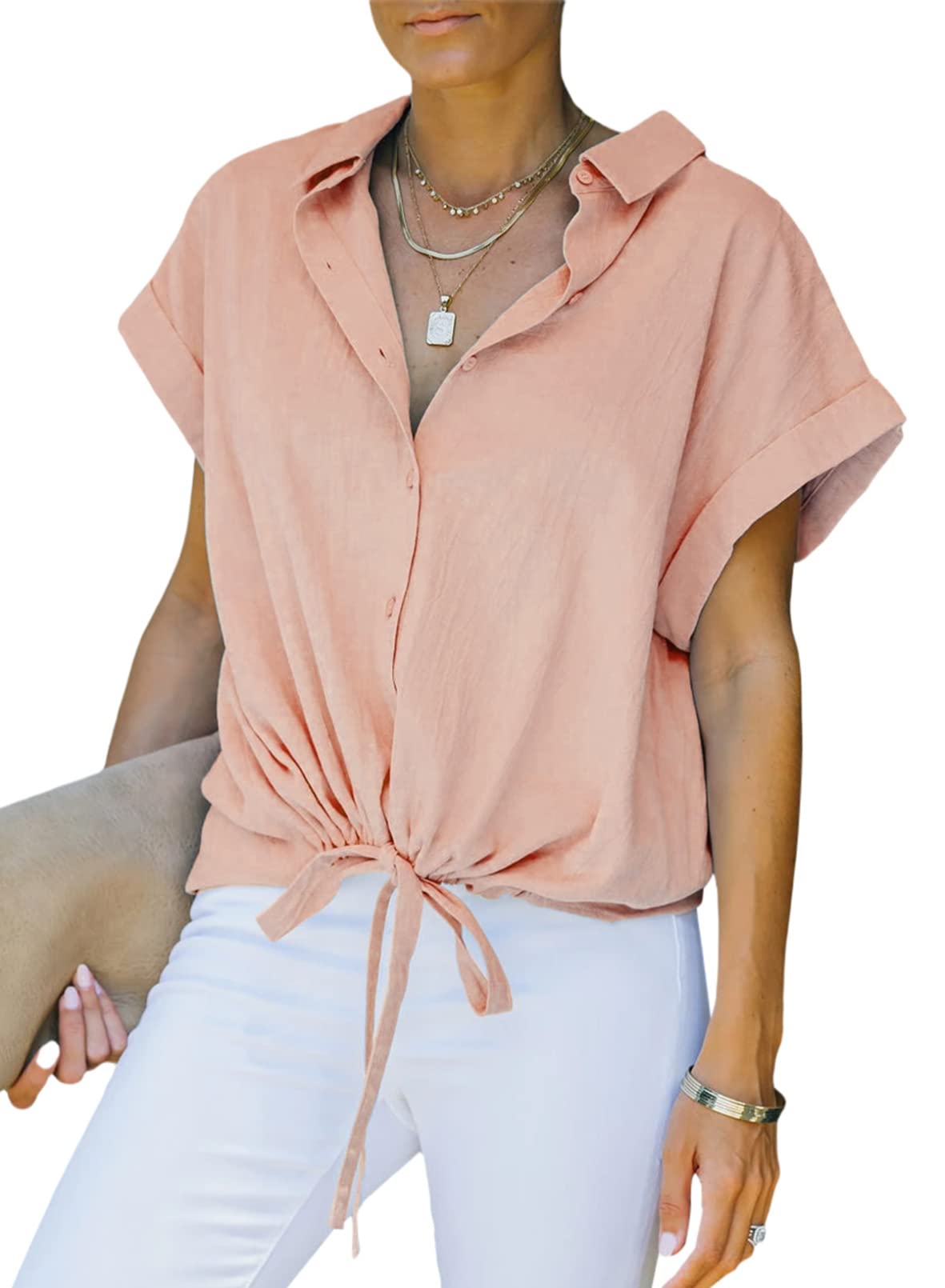 Dokotoo Women's Casual V-Neck Chiffon Blouse with Short Cuffed Sleeves & Drawstring Detail - Perfect for Office Wear, Date Night & Summer Outfits