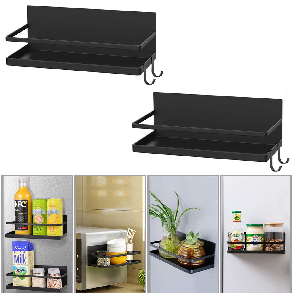 Ambuker Magnetic Spice Rack Organizer - 2 Pack Strong Fridge Spice Shelf with Removable Hooks, Space Saving Kitchen Storage for Refrigerator, Pantry & Small Apartments (Black) - Perfect for Organizing Spices, Condiments & Small Kitchen Essentials